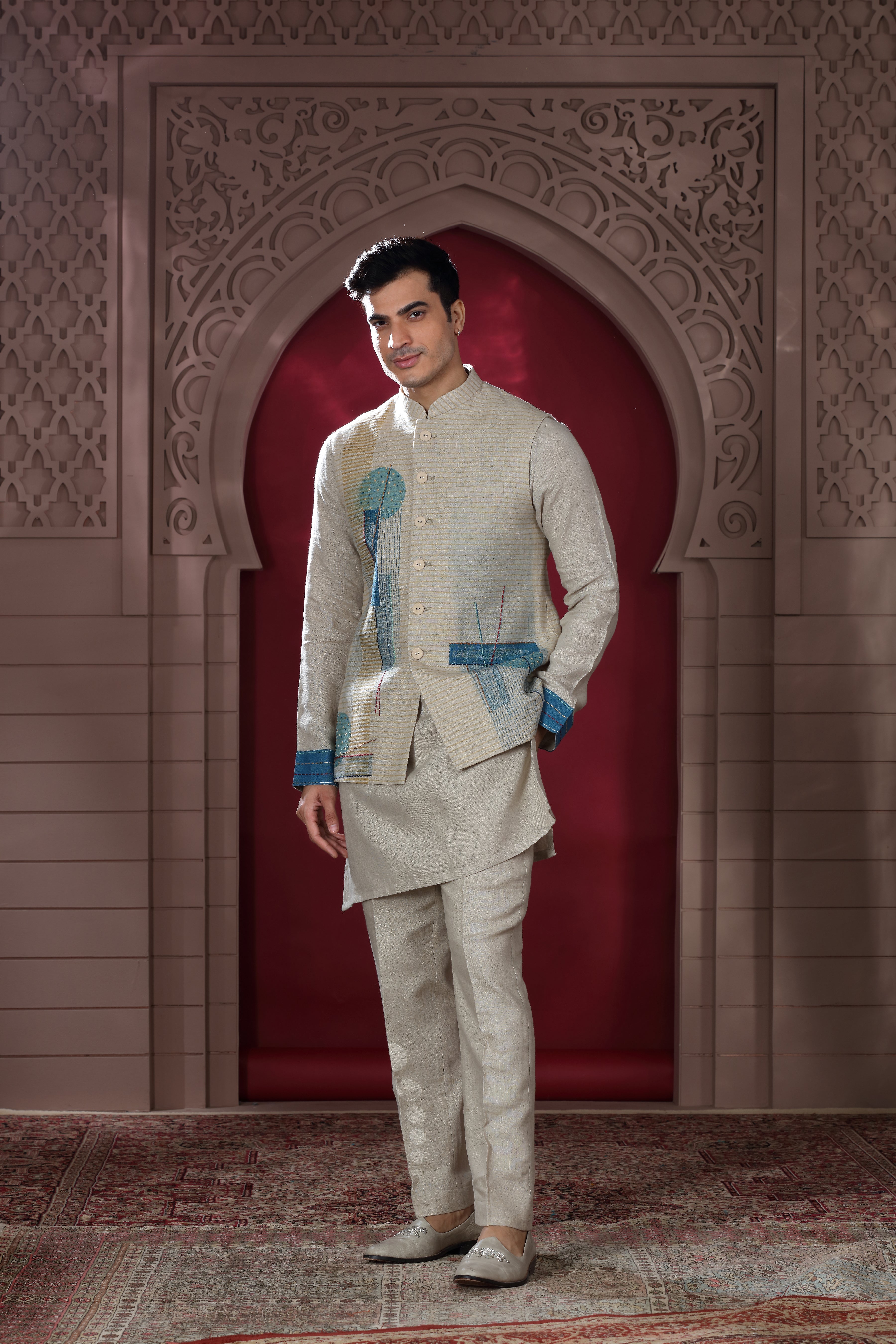 Beige Linen Jacket Set with Hand Embroidery