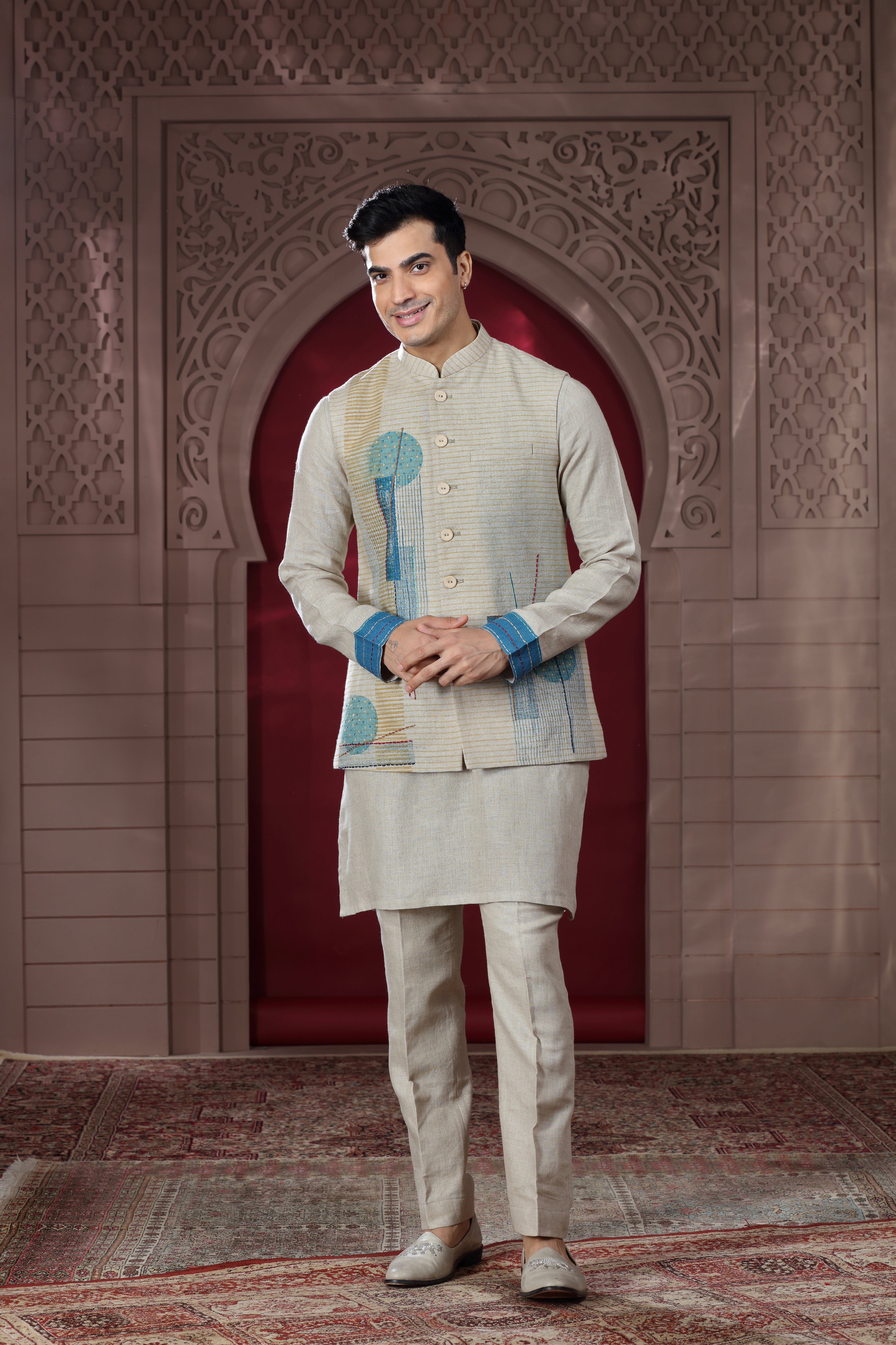 Beige Linen Jacket Set with Hand Embroidery