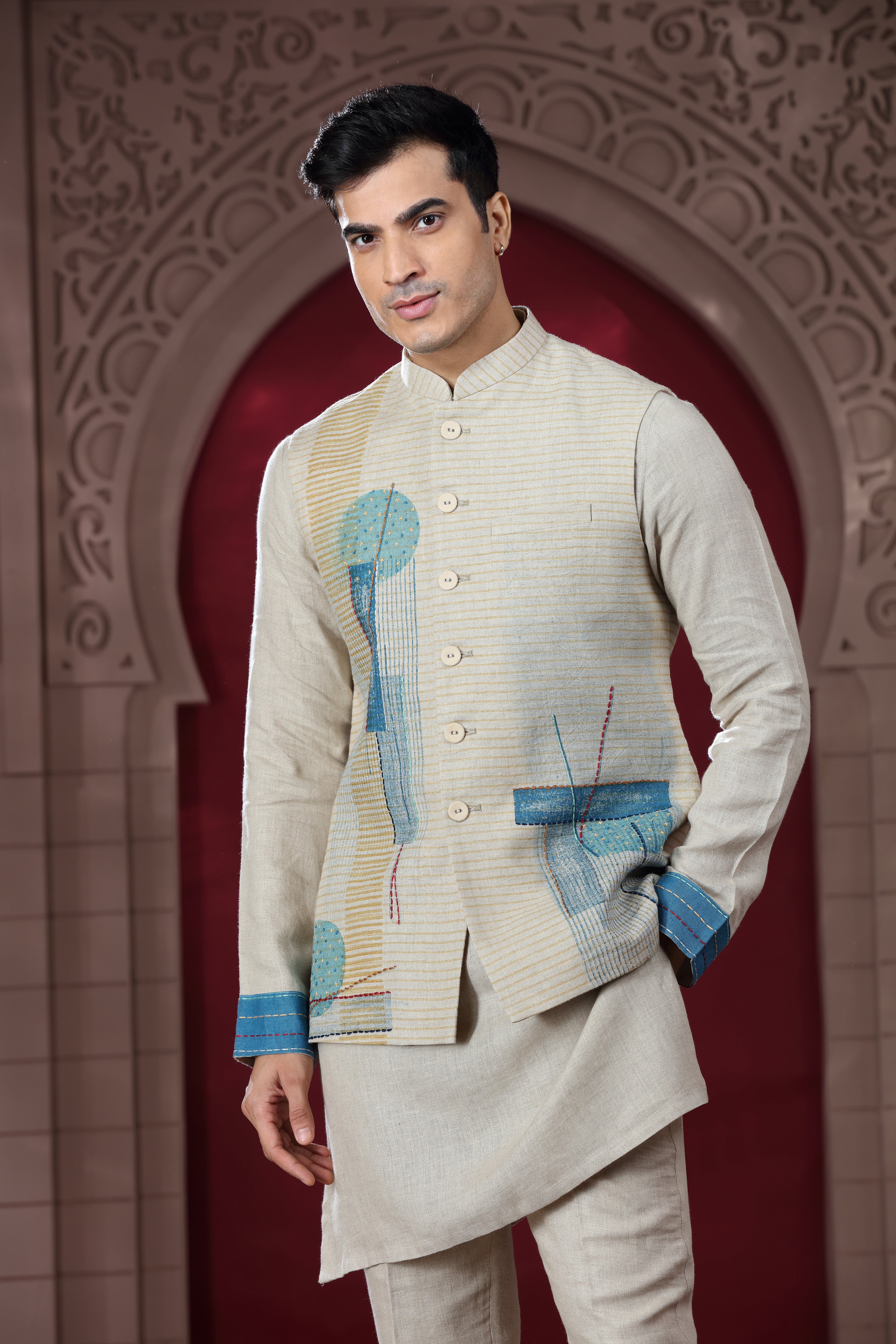 Beige Linen Jacket Set with Hand Embroidery