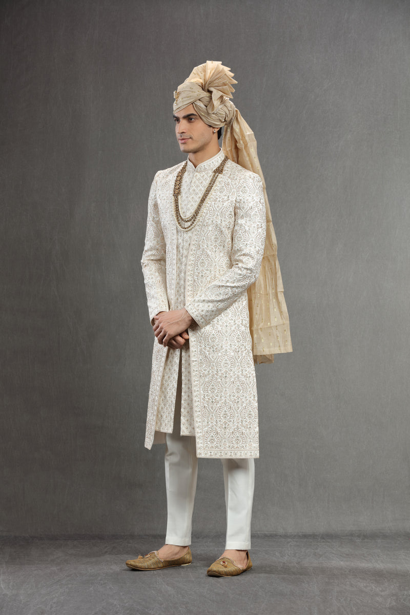Ivory indowestern in resham and sequins work