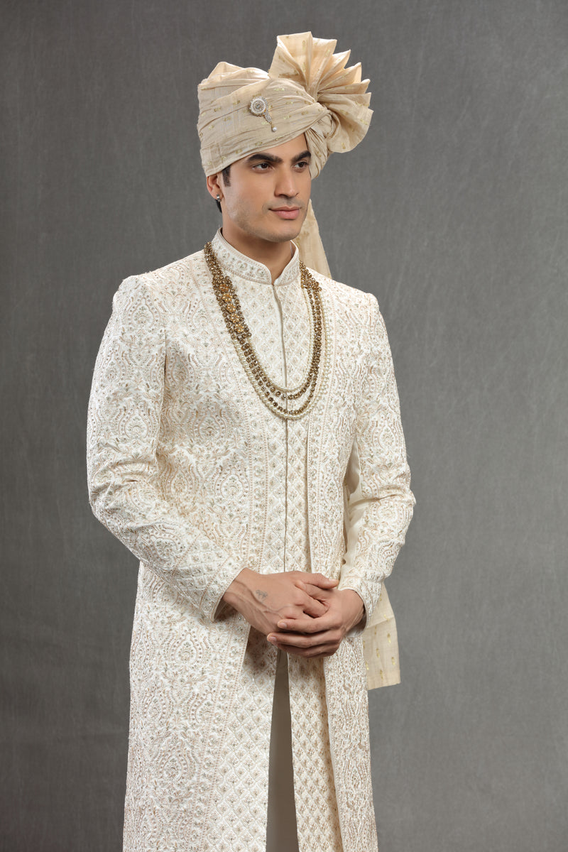 Ivory indowestern in resham and sequins work