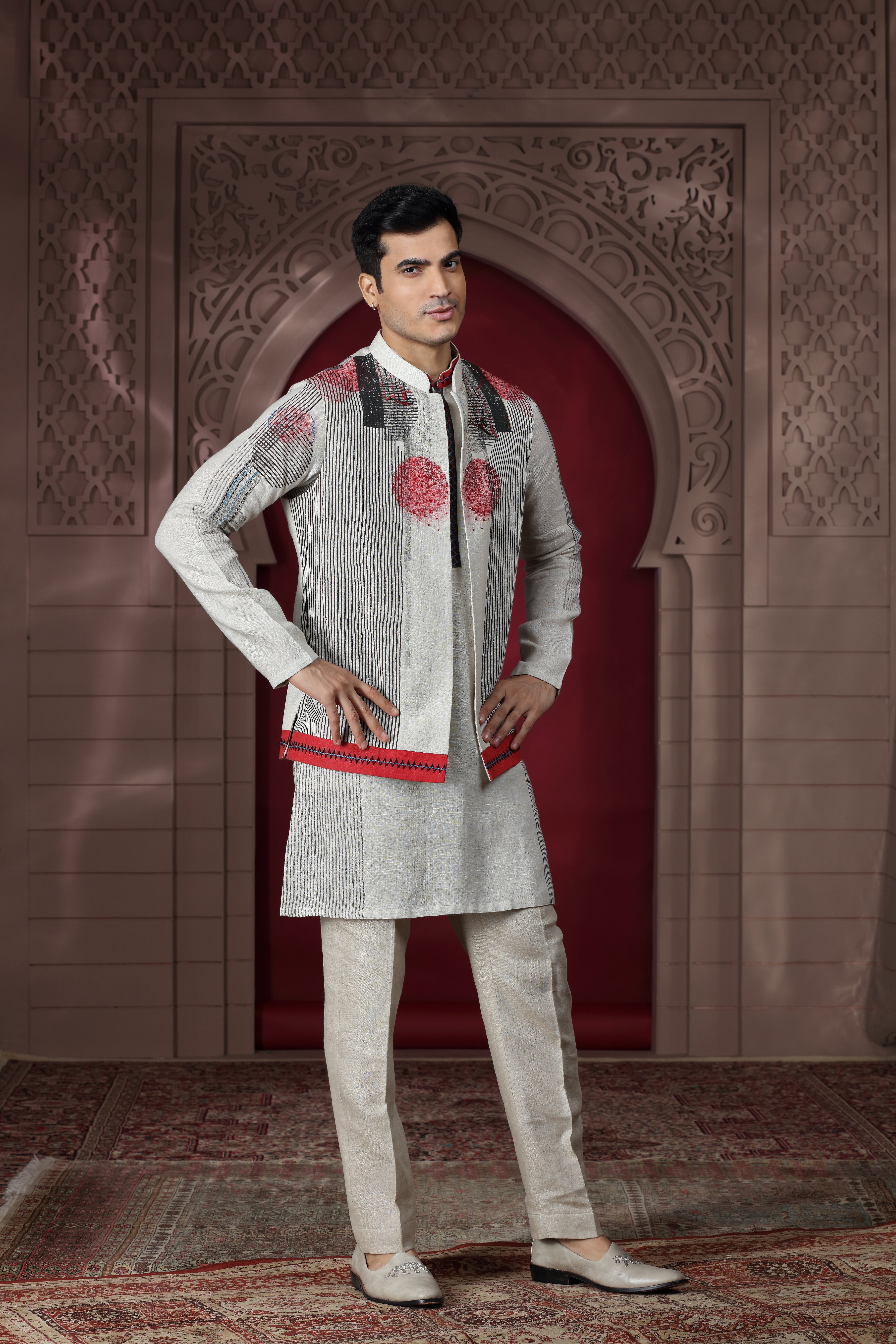 Off White Linen Jacket Set with Hand Embroidery & Subtle Print