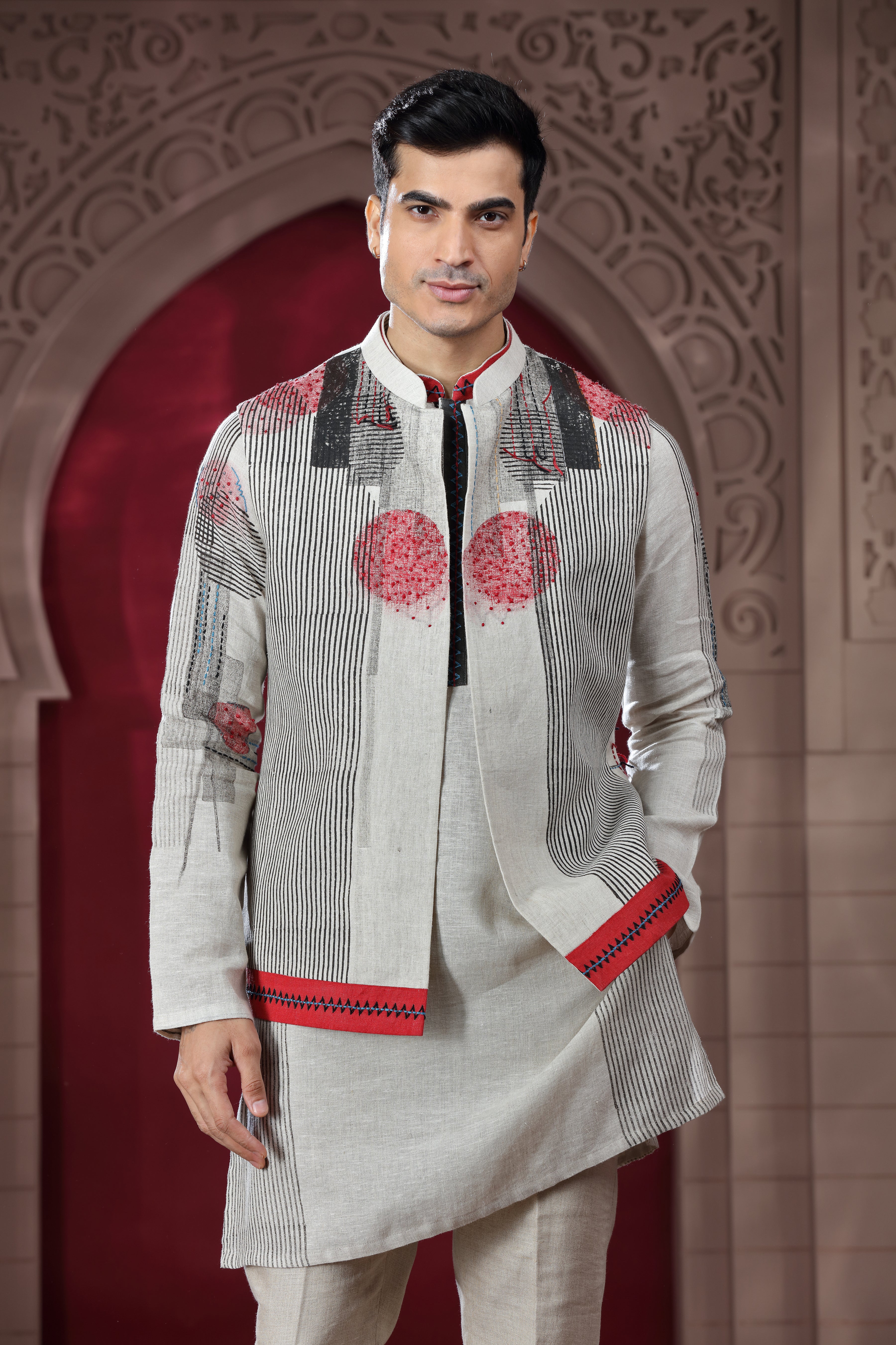 Off White Linen Jacket Set with Hand Embroidery & Subtle Print