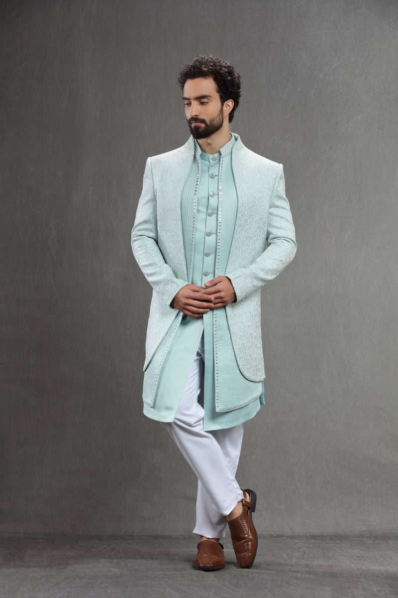 Pastel Blue Silk indowestern in  threadwork embroidery