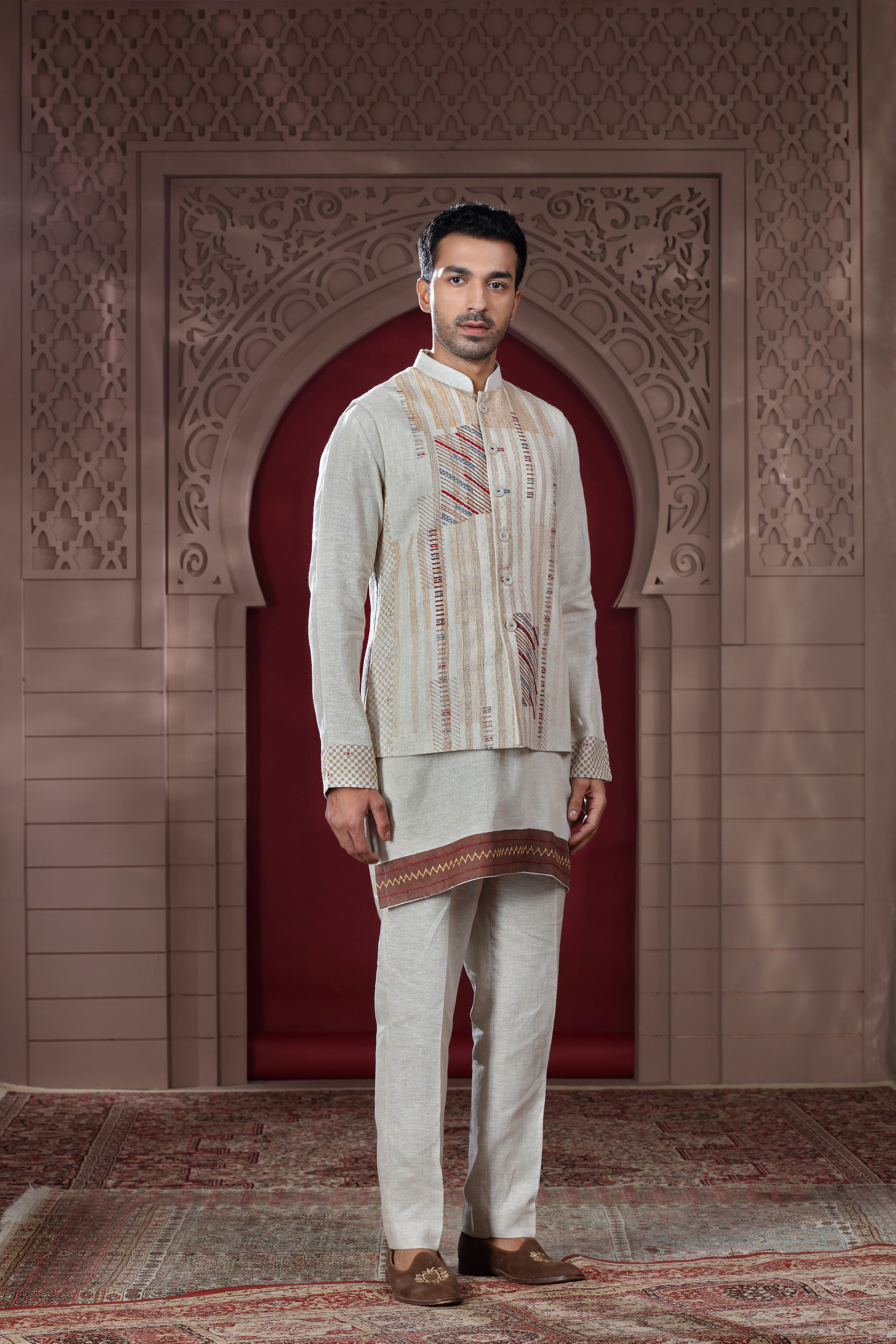 Off-White Linen Jacket Set with Hand Embroidery & Subtle Print