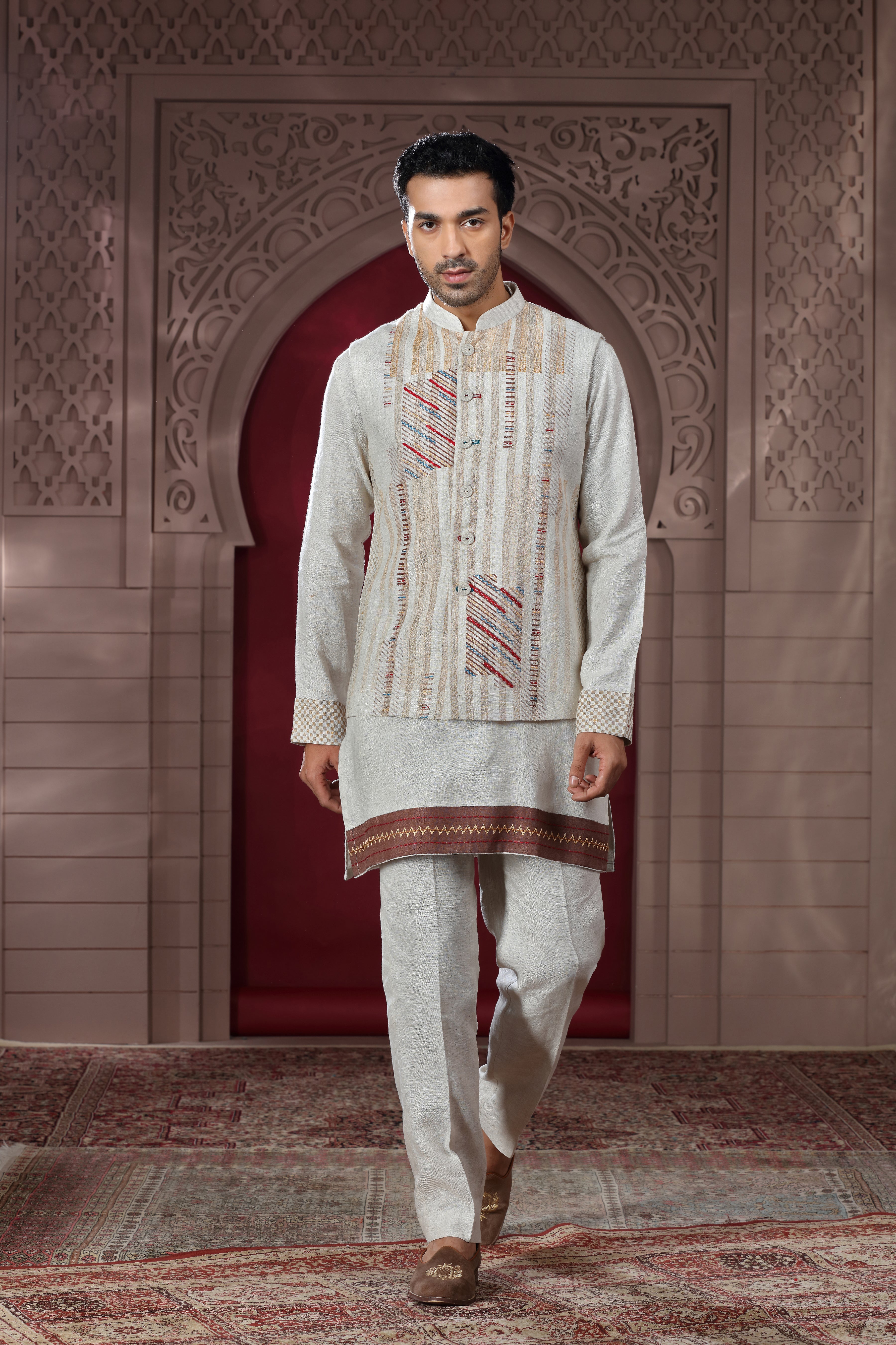 Off-White Linen Jacket Set with Hand Embroidery & Subtle Print