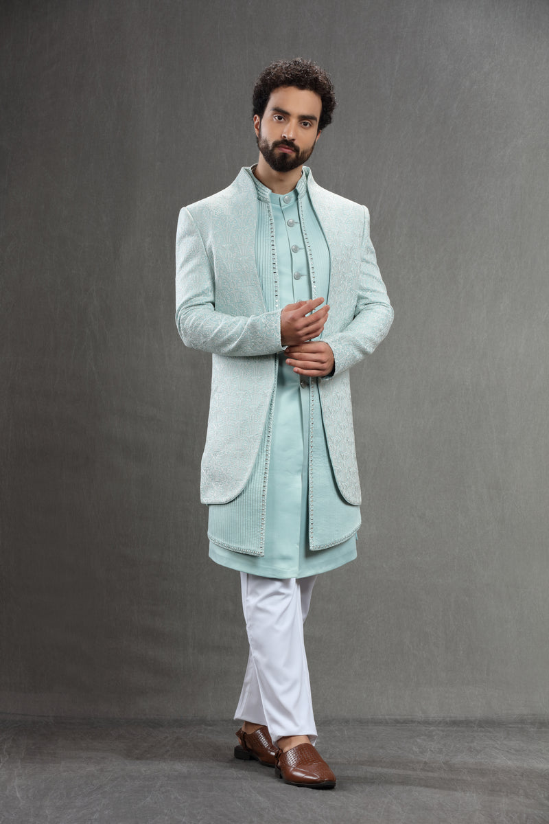 Pastel Blue Silk indowestern in  threadwork embroidery