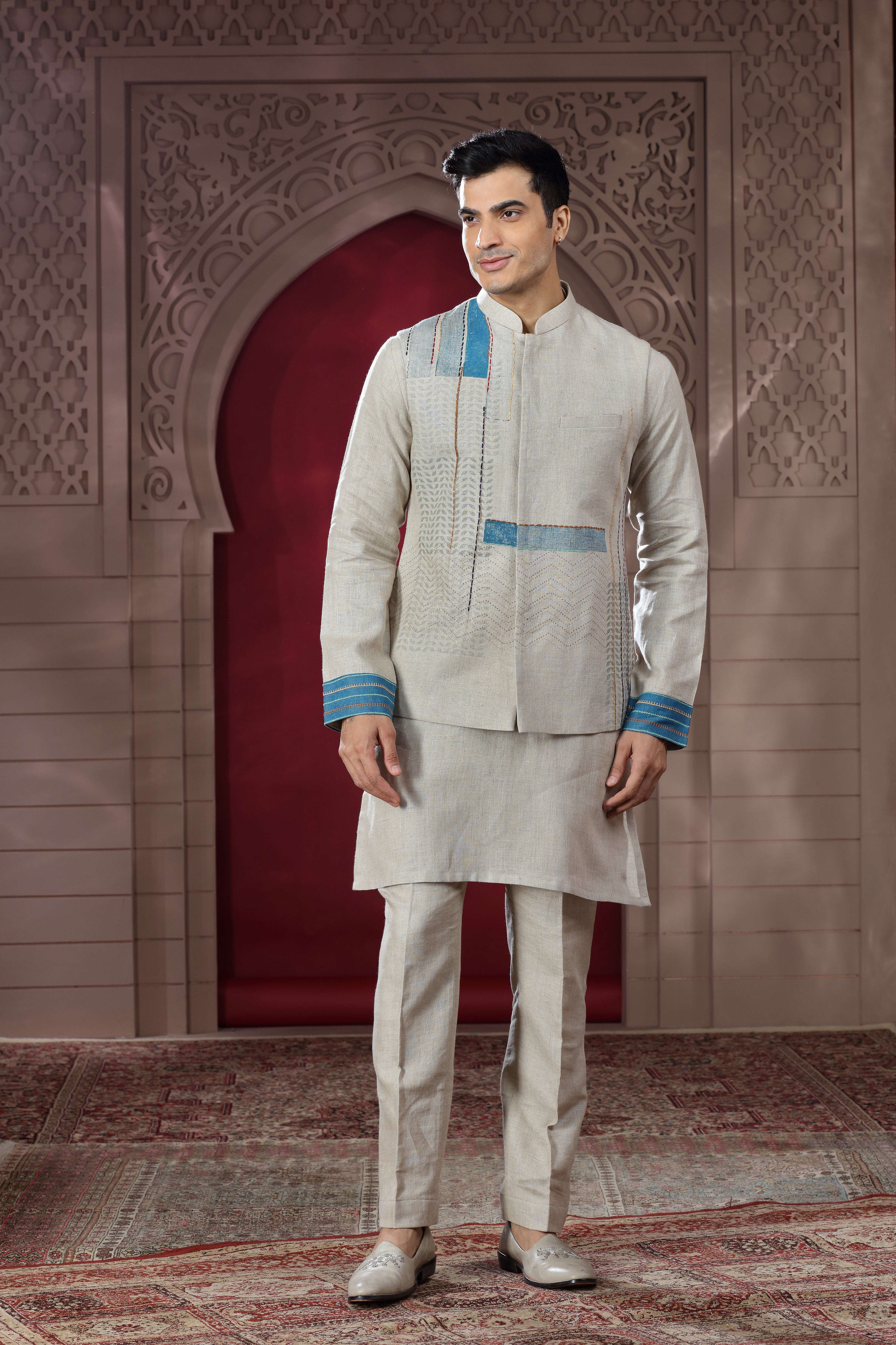 Beige Linen Jacket Set with Hand Embroidery