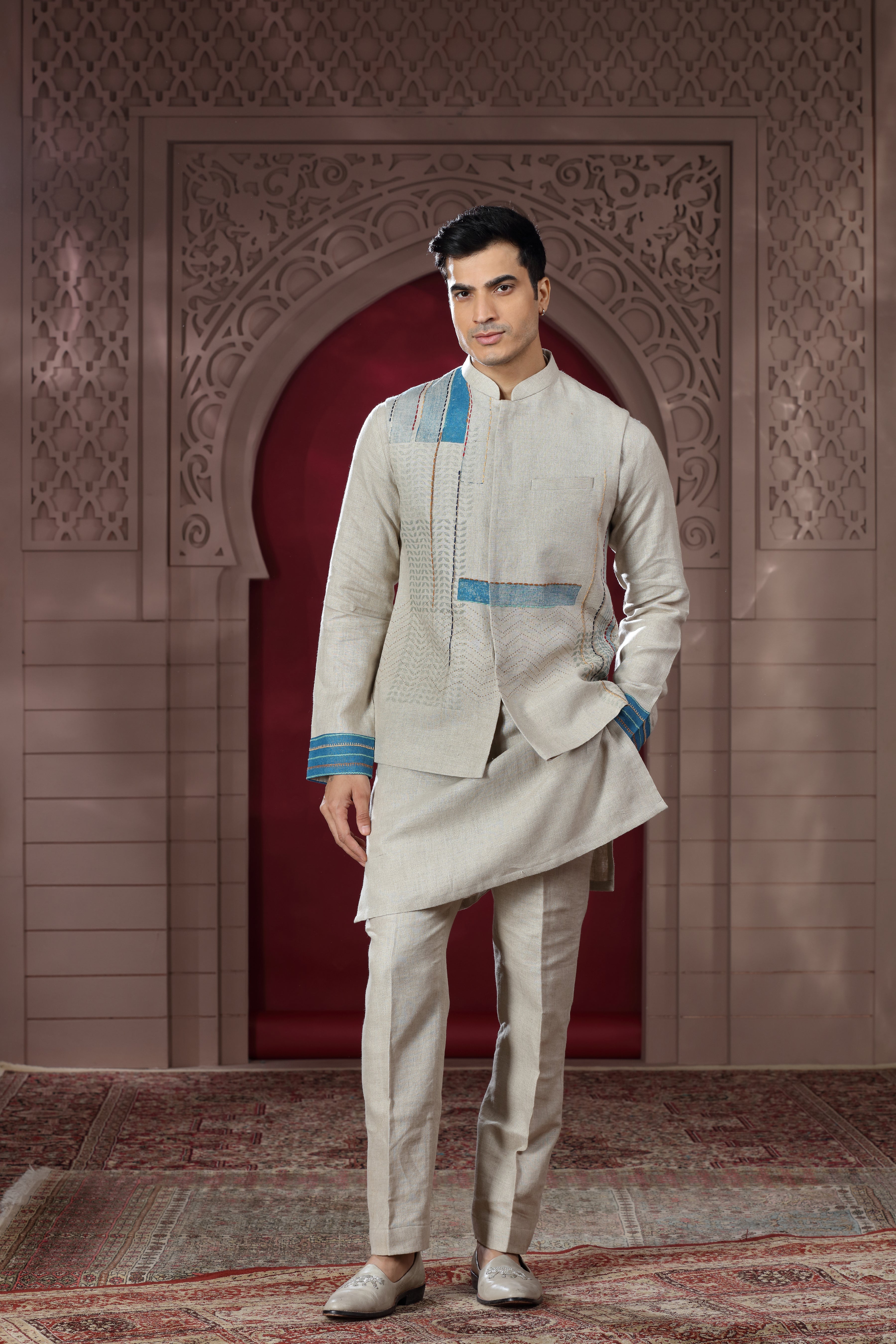 Beige Linen Jacket Set with Hand Embroidery