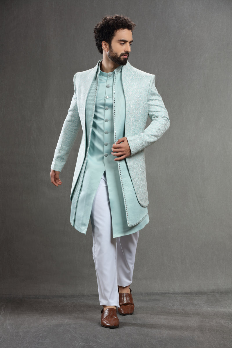 Pastel Blue Silk indowestern in  threadwork embroidery