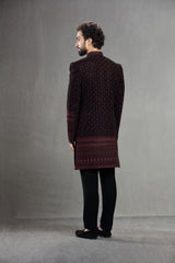 Wine Velvet Silk Indowestern With Resham Embroidery
