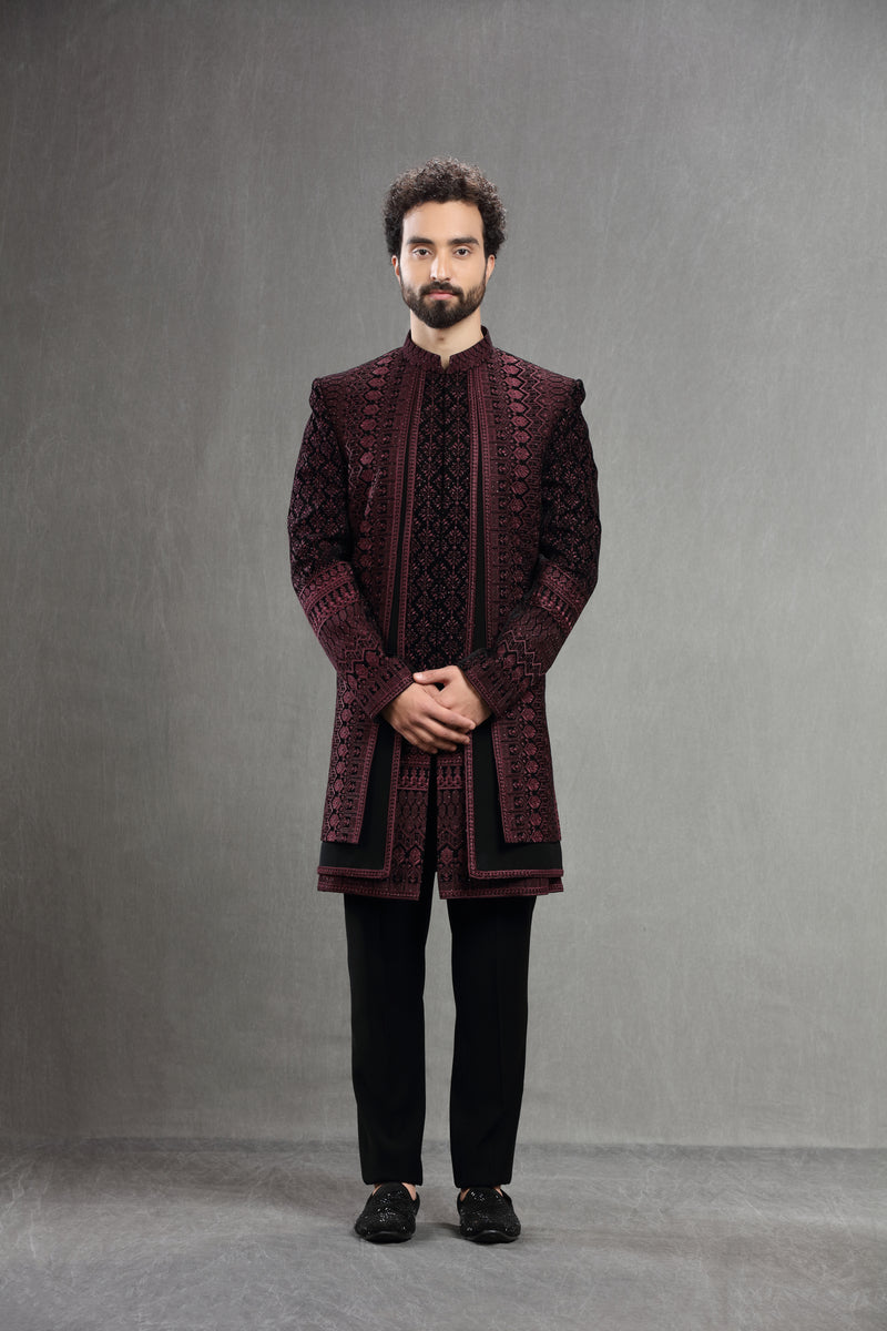 Wine Velvet Silk Indowestern With Resham Embroidery