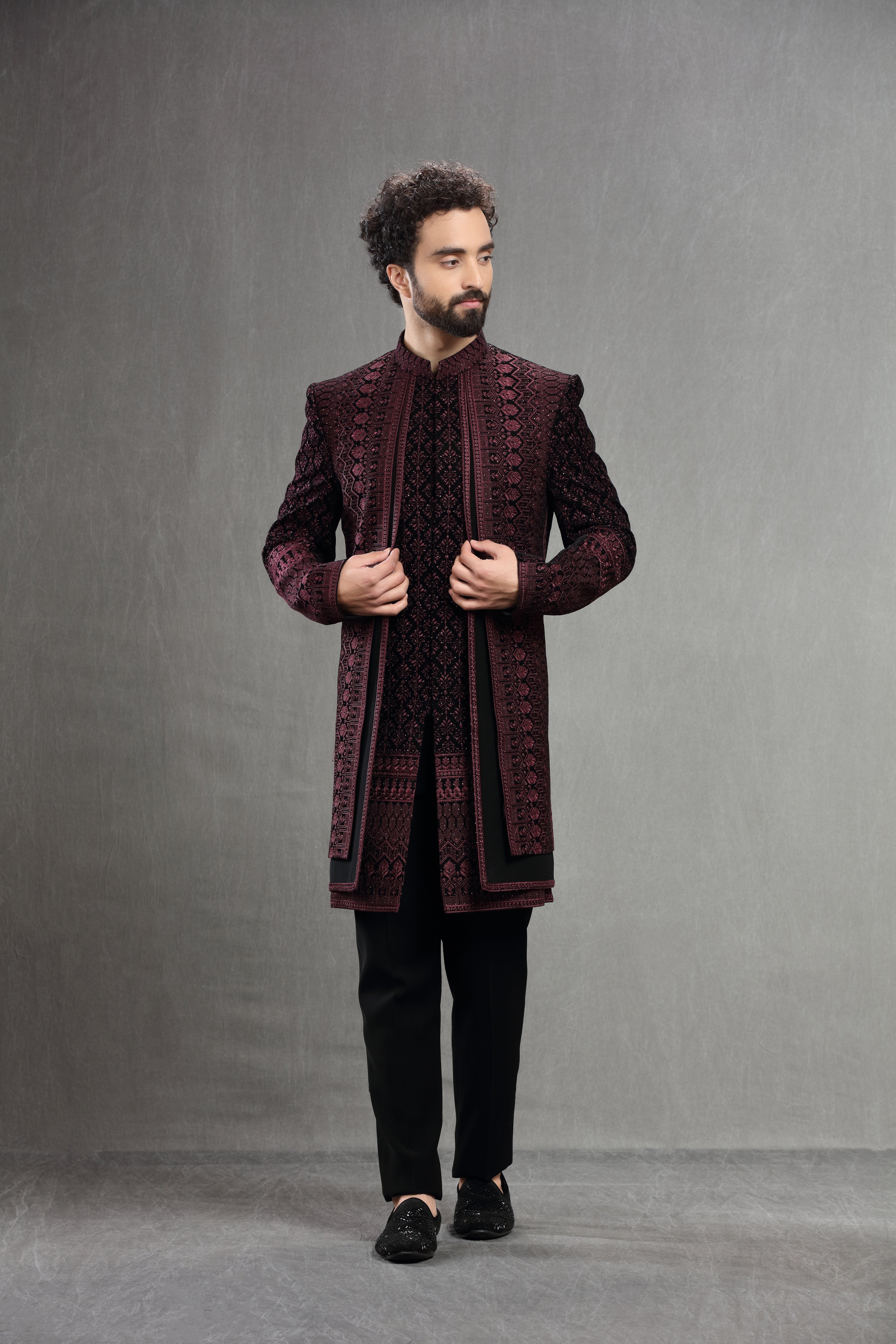 Wine Velvet Silk Indowestern With Resham Embroidery - Shreeman