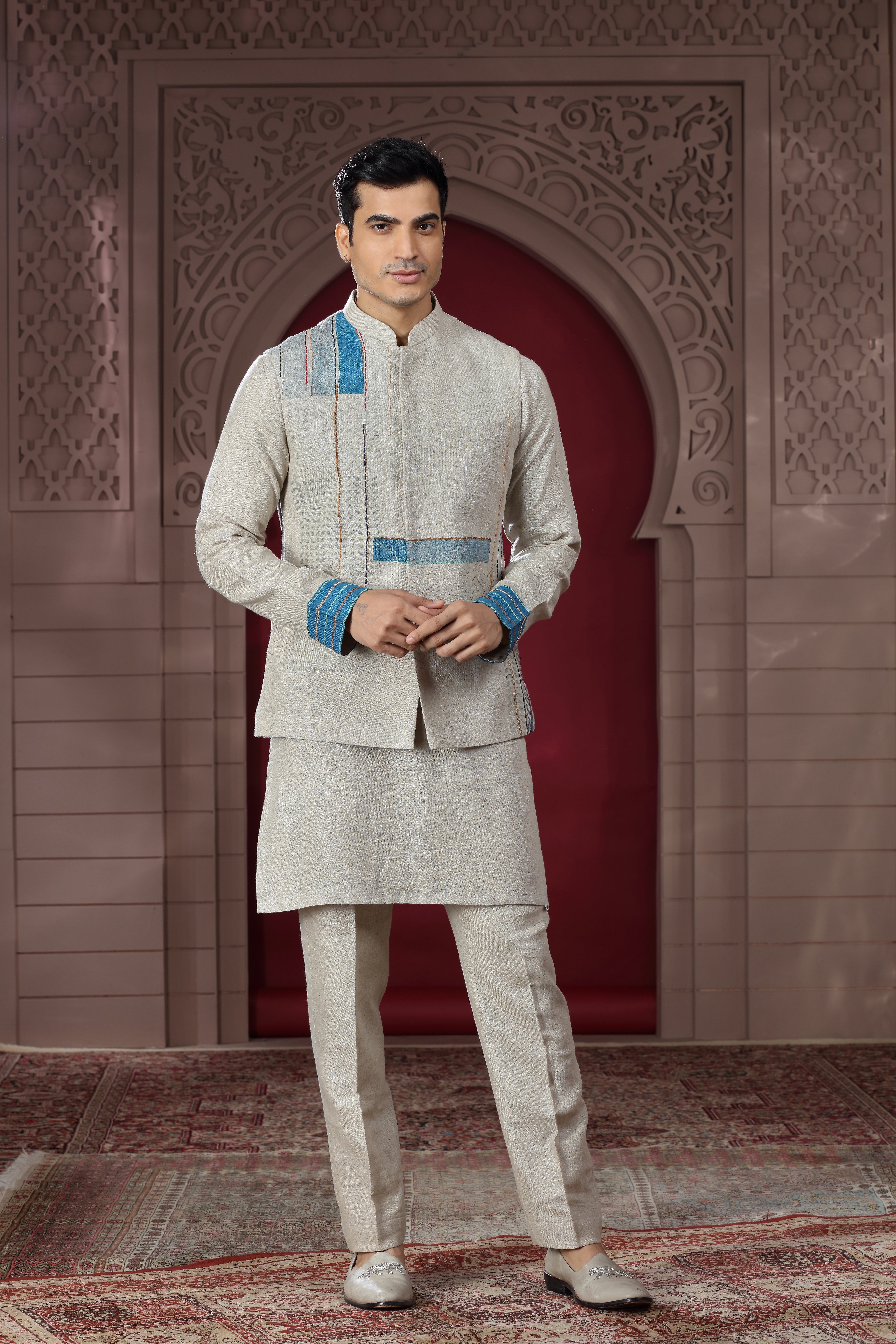 Beige Linen Jacket Set with Hand Embroidery