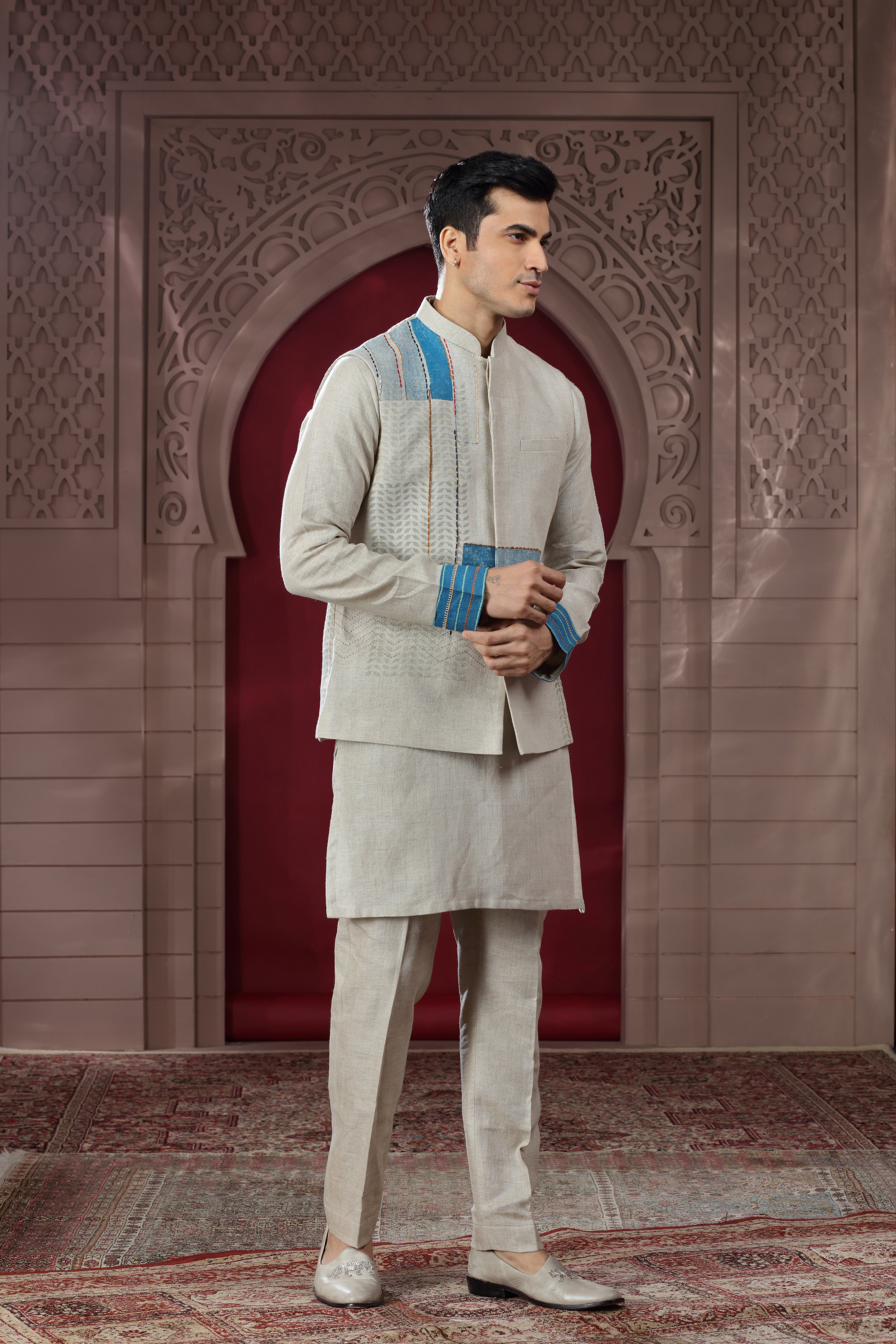 Beige Linen Jacket Set with Hand Embroidery