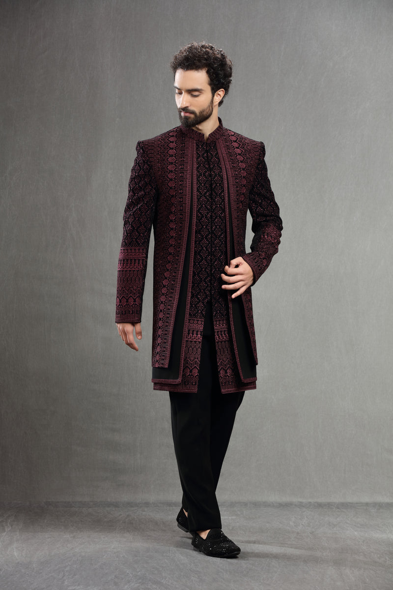 Wine Velvet Silk Indowestern With Resham Embroidery