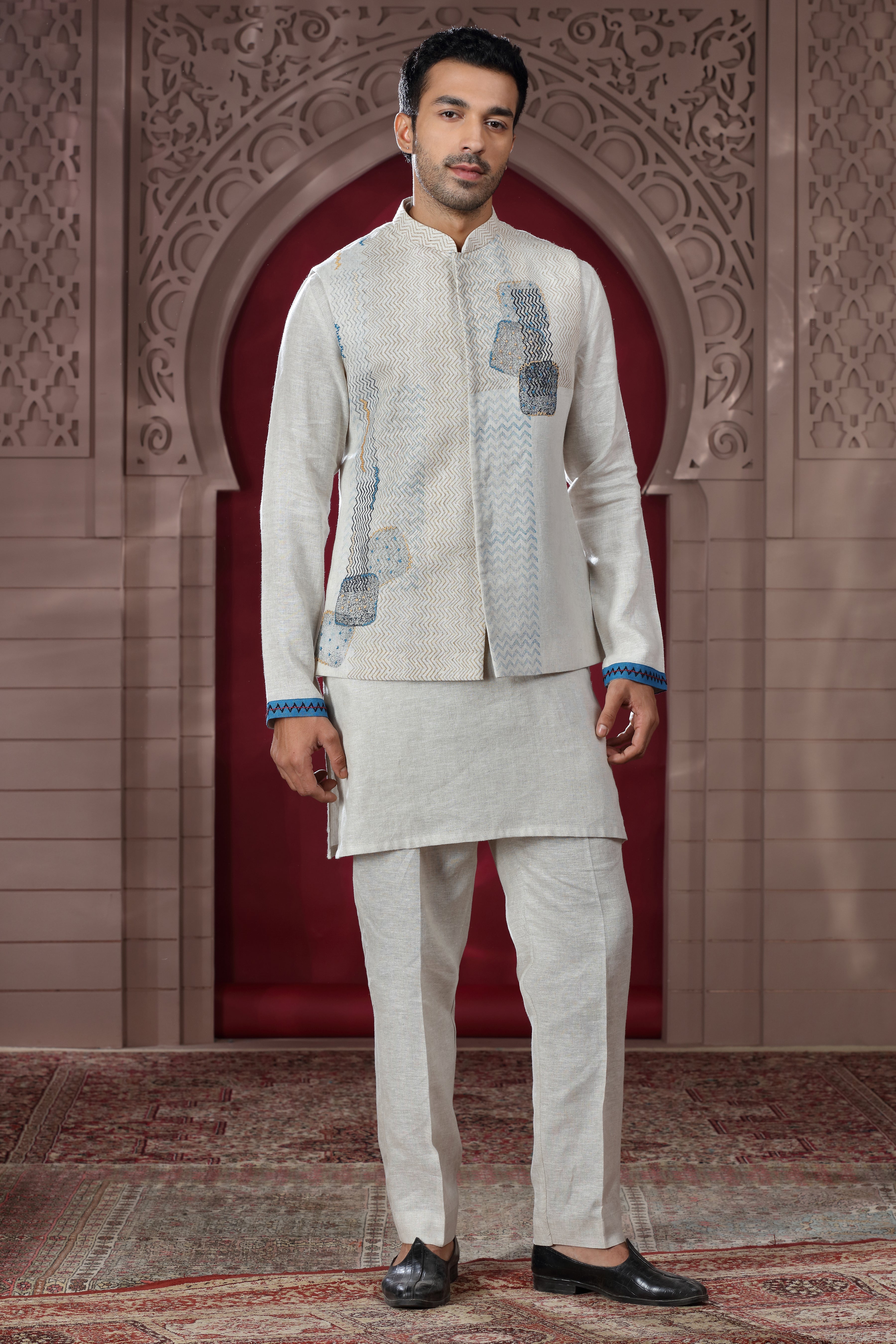 Ivory Linen Jacket Set with Hand Embroidery & Subtle Print