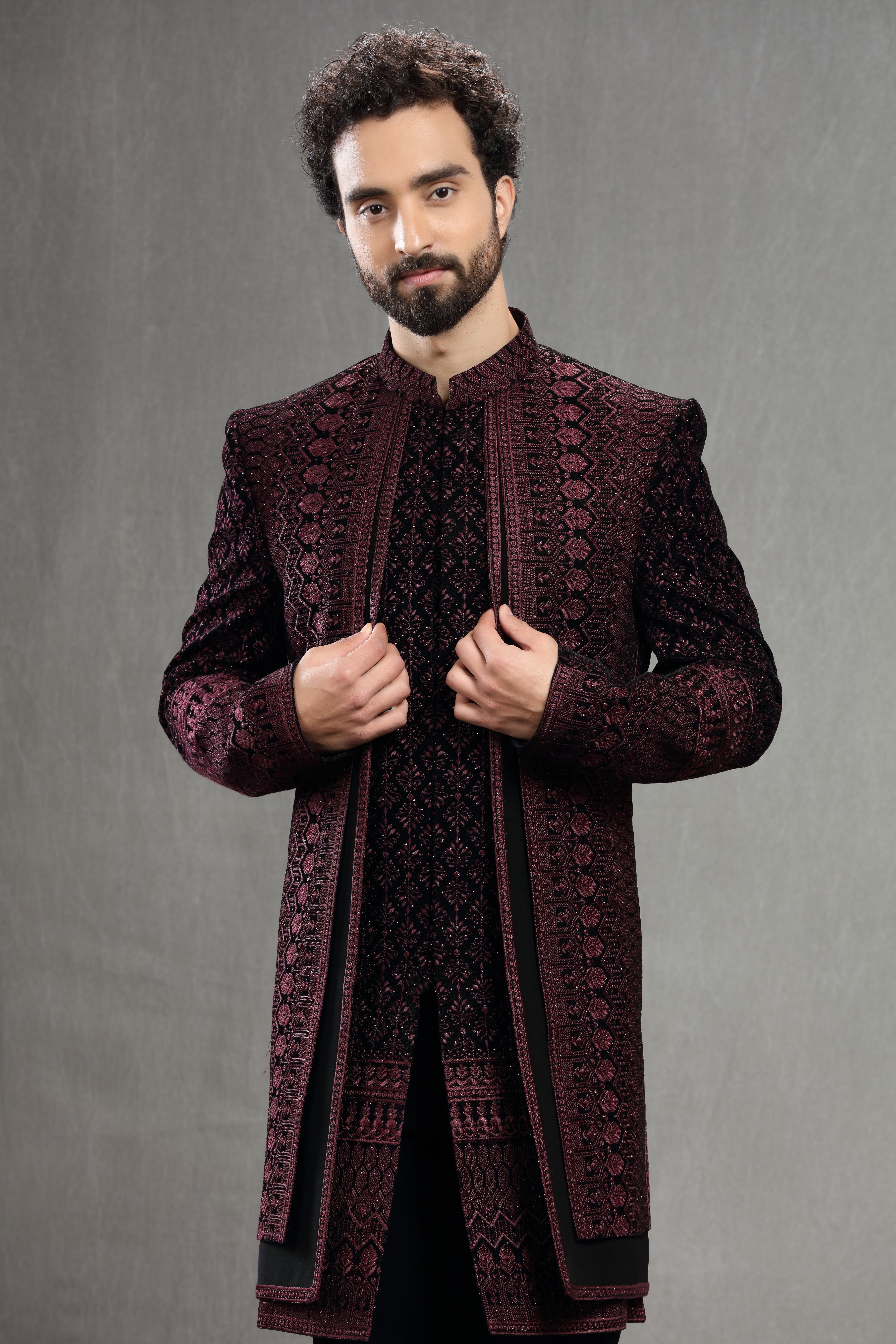 Wine Velvet Silk Indowestern With Resham Embroidery - Shreeman