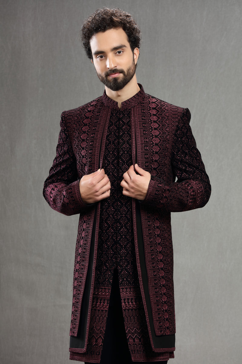 Wine Velvet Silk Indowestern With Resham Embroidery