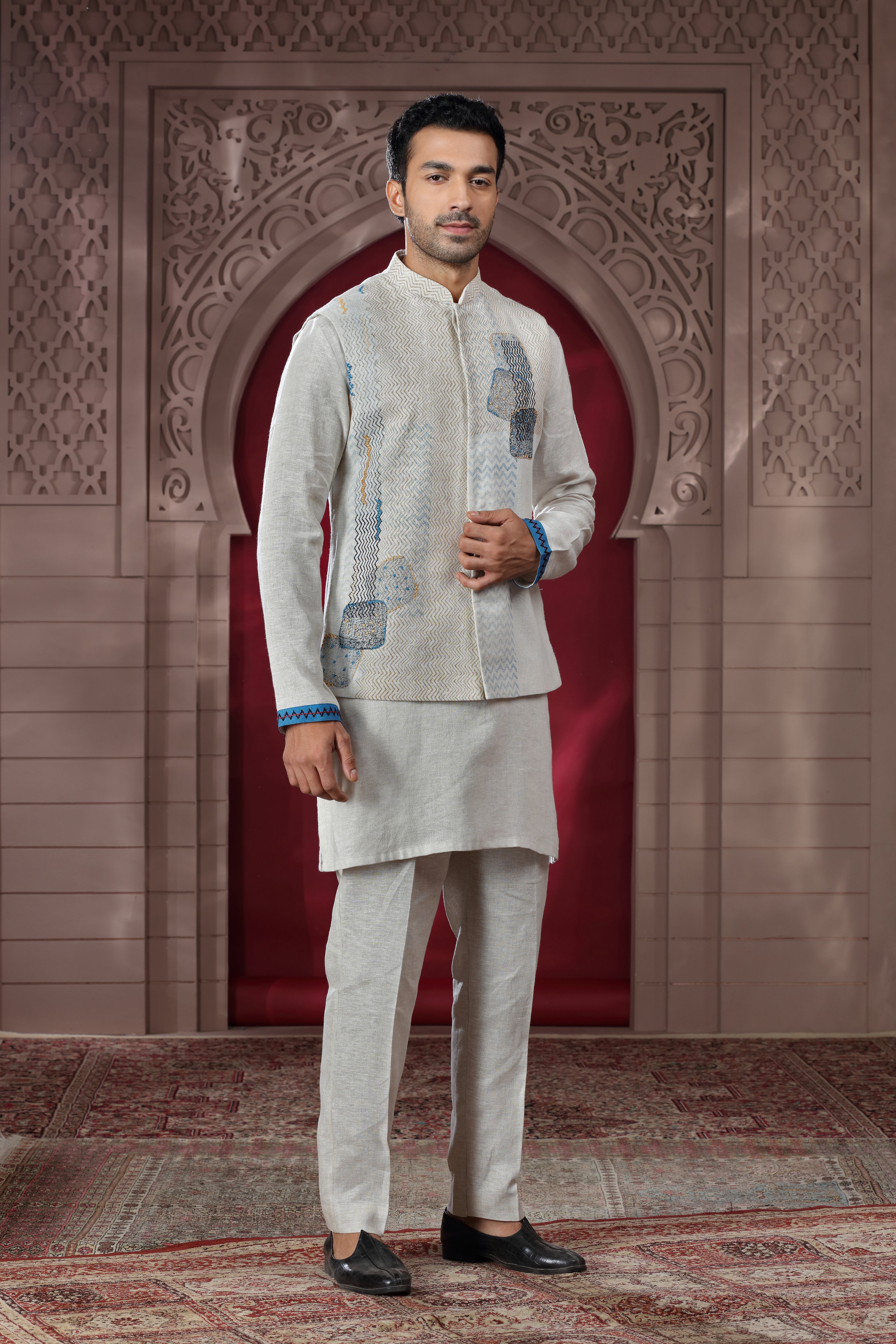 Ivory Linen Jacket Set with Hand Embroidery & Subtle Print