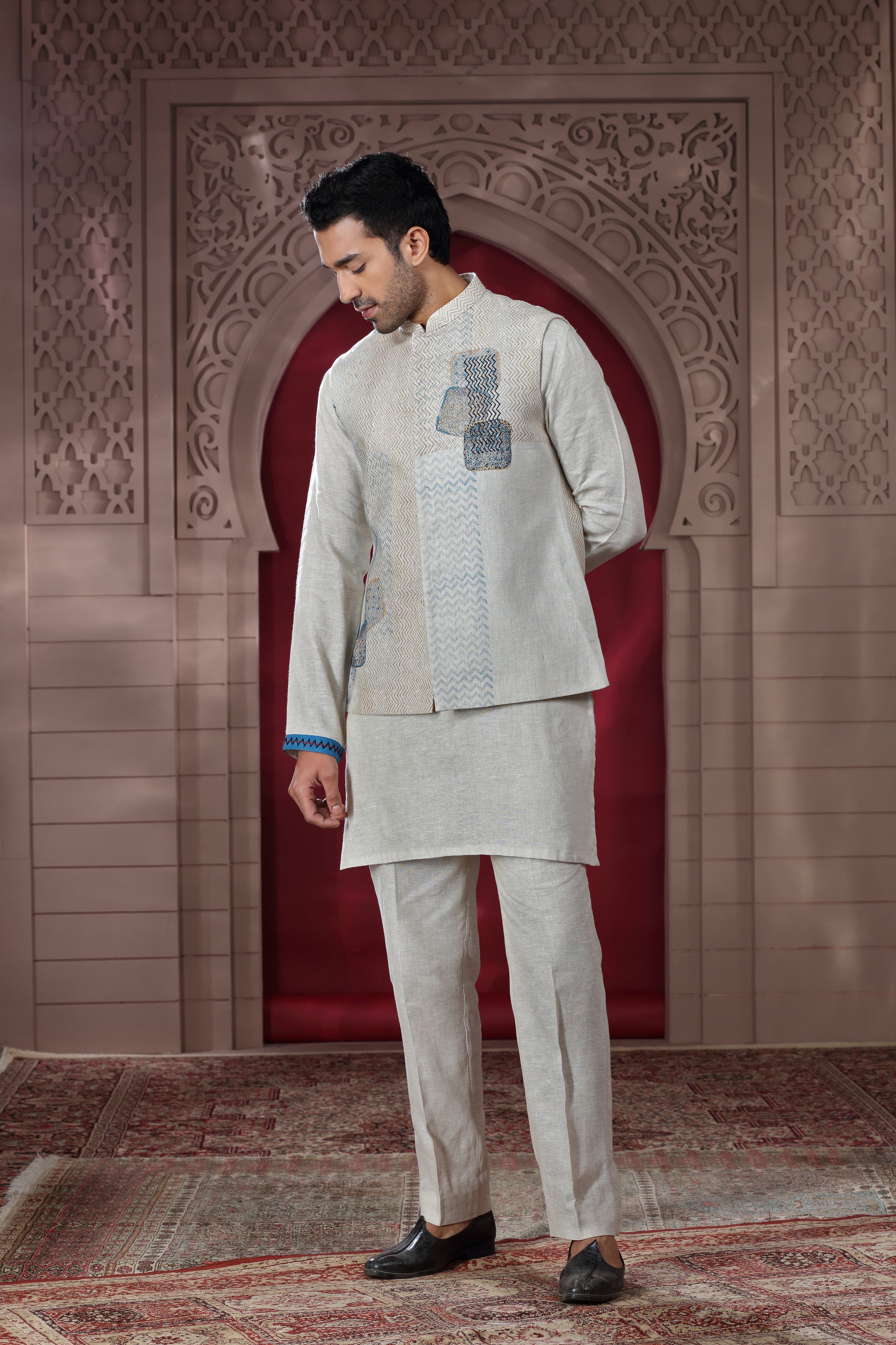 Ivory Linen Jacket Set with Hand Embroidery & Subtle Print