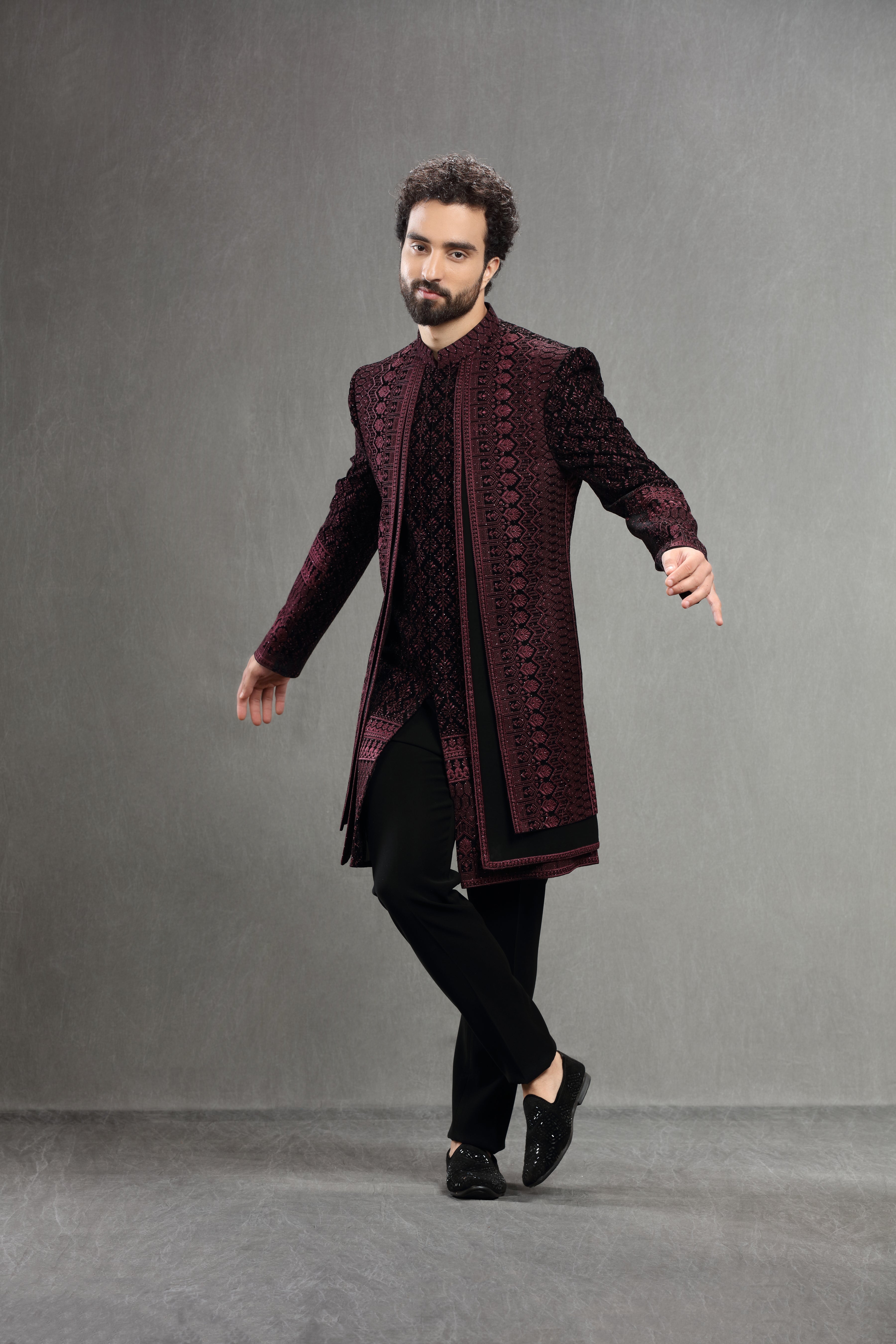 Wine Velvet Silk Indowestern With Resham Embroidery - Shreeman