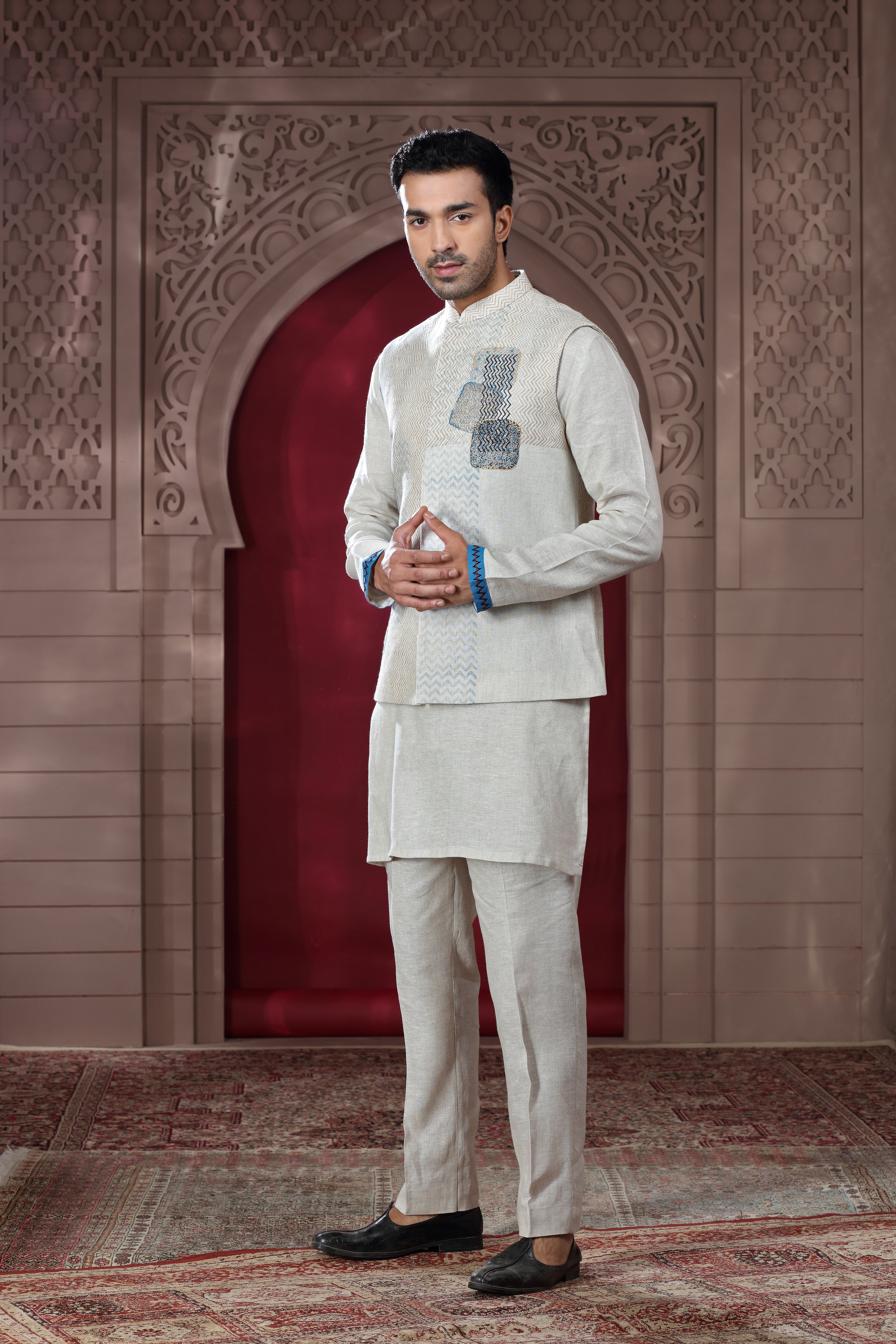 Ivory Linen Jacket Set with Hand Embroidery & Subtle Print