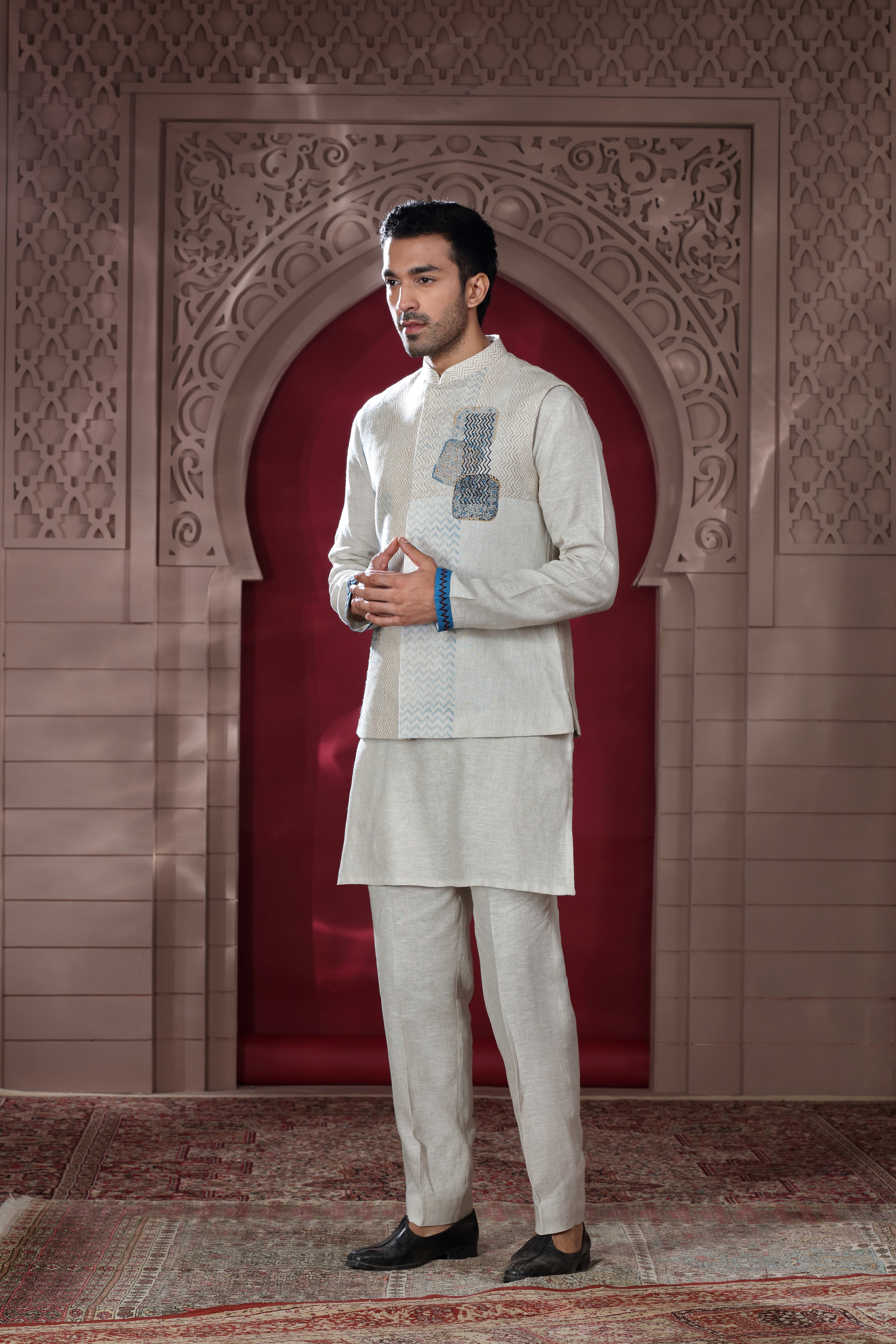 Ivory Linen Jacket Set with Hand Embroidery & Subtle Print