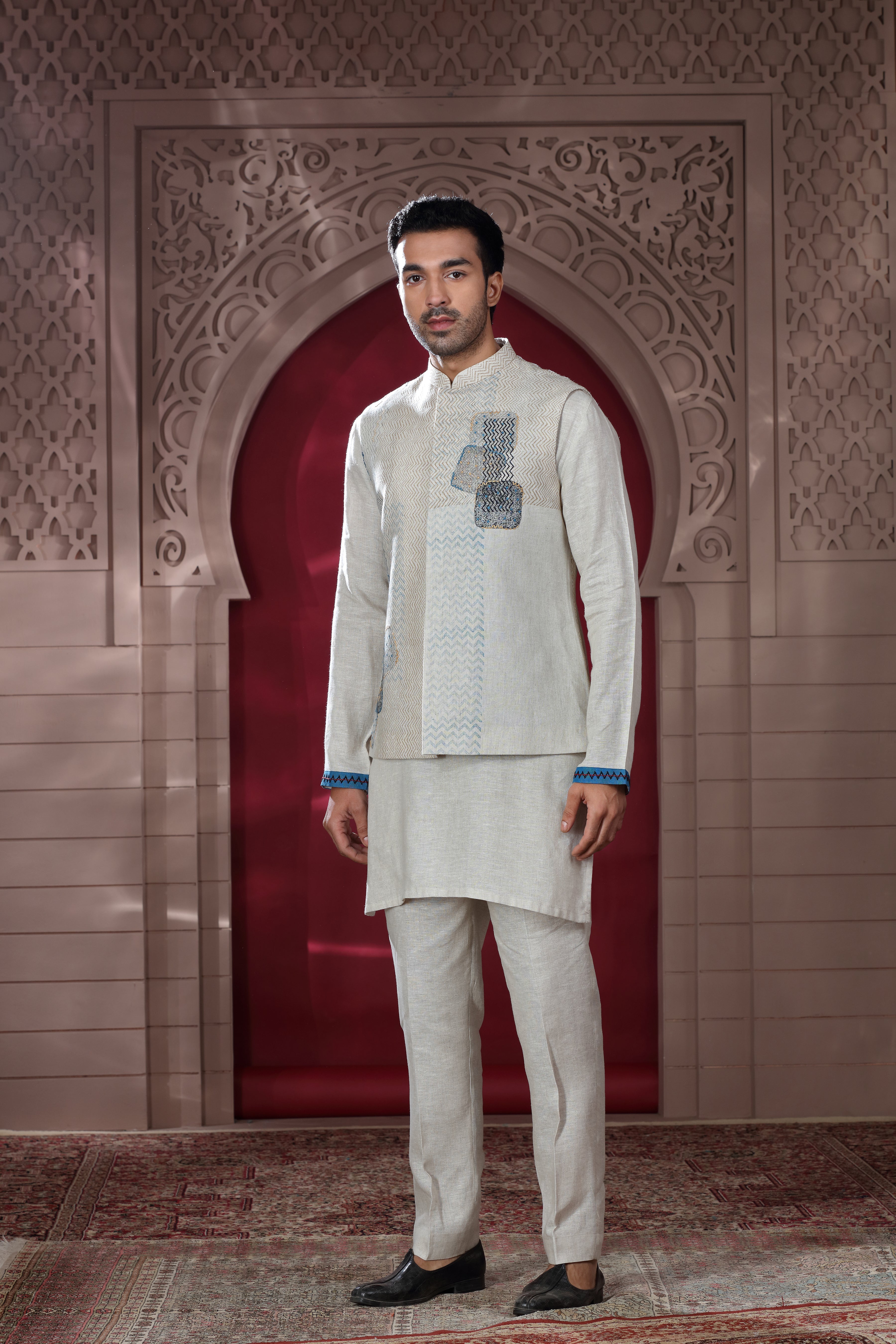 Ivory Linen Jacket Set with Hand Embroidery & Subtle Print