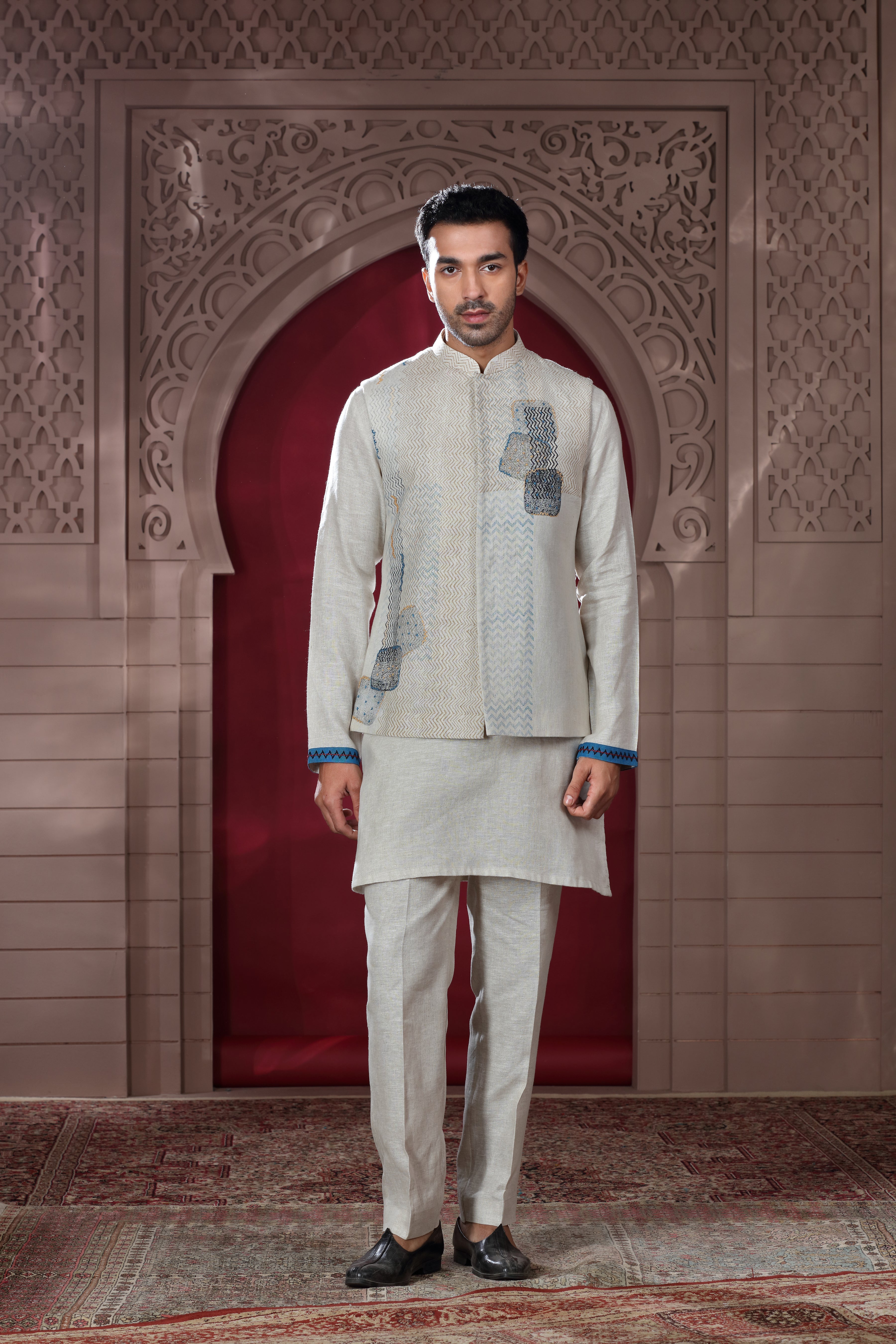 Ivory Linen Jacket Set with Hand Embroidery & Subtle Print