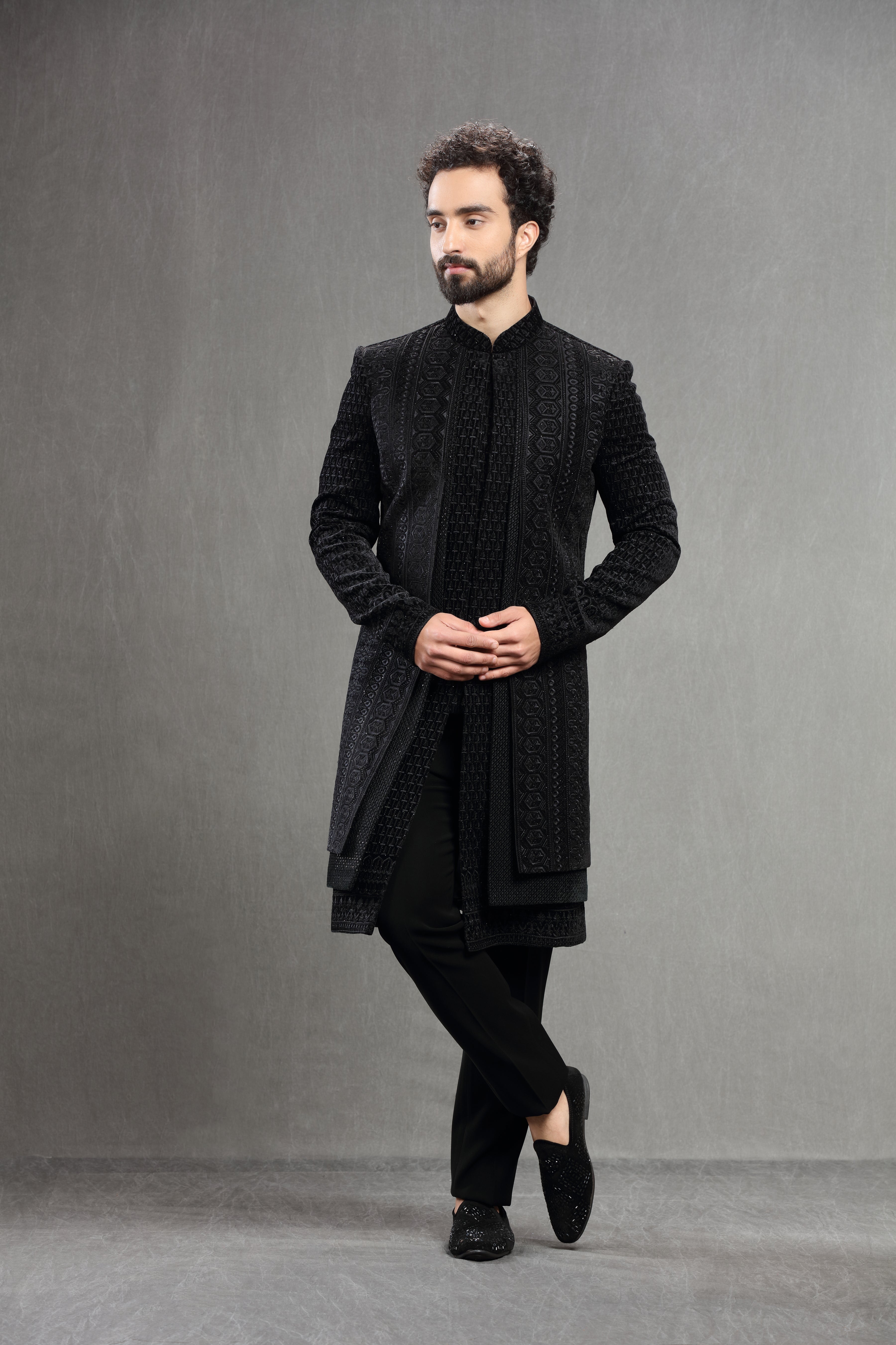 Black Velvet Silk Indowestern With Resham Embroidery - Shreeman