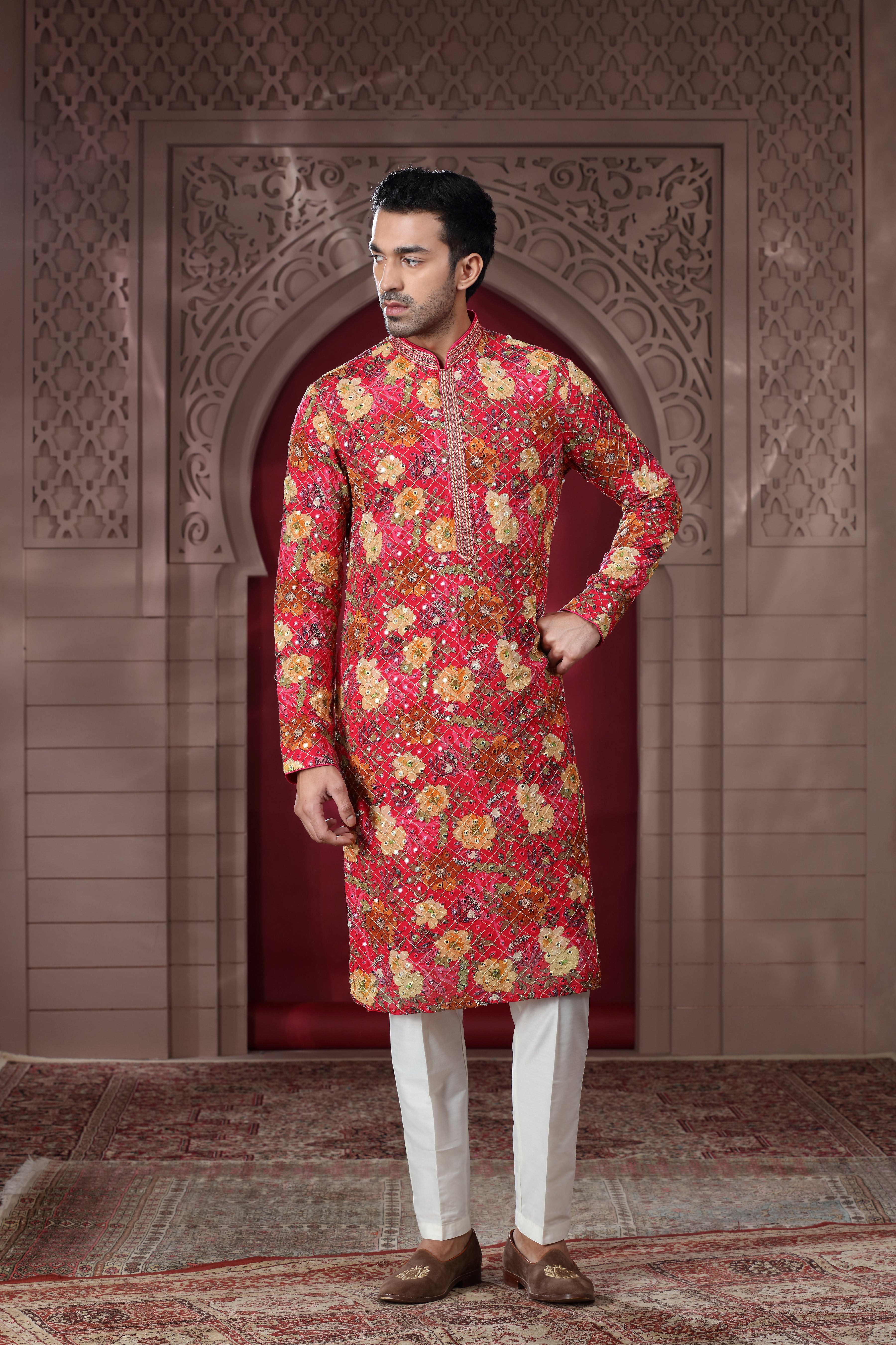 Red Printed Silk Kurta with Mirror Thread Work