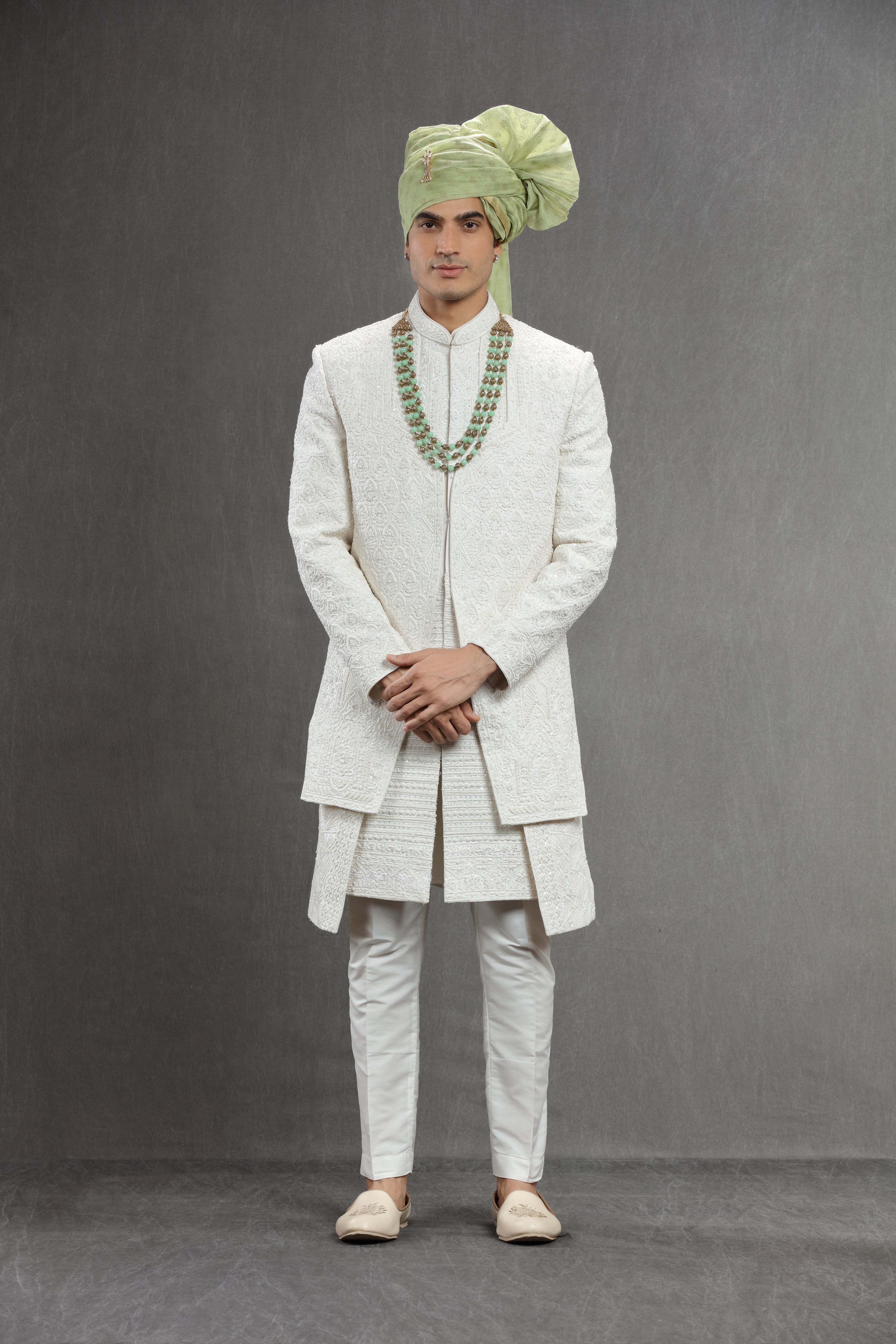 Ivory Silk emboidered double layred indowestern set - Shreeman