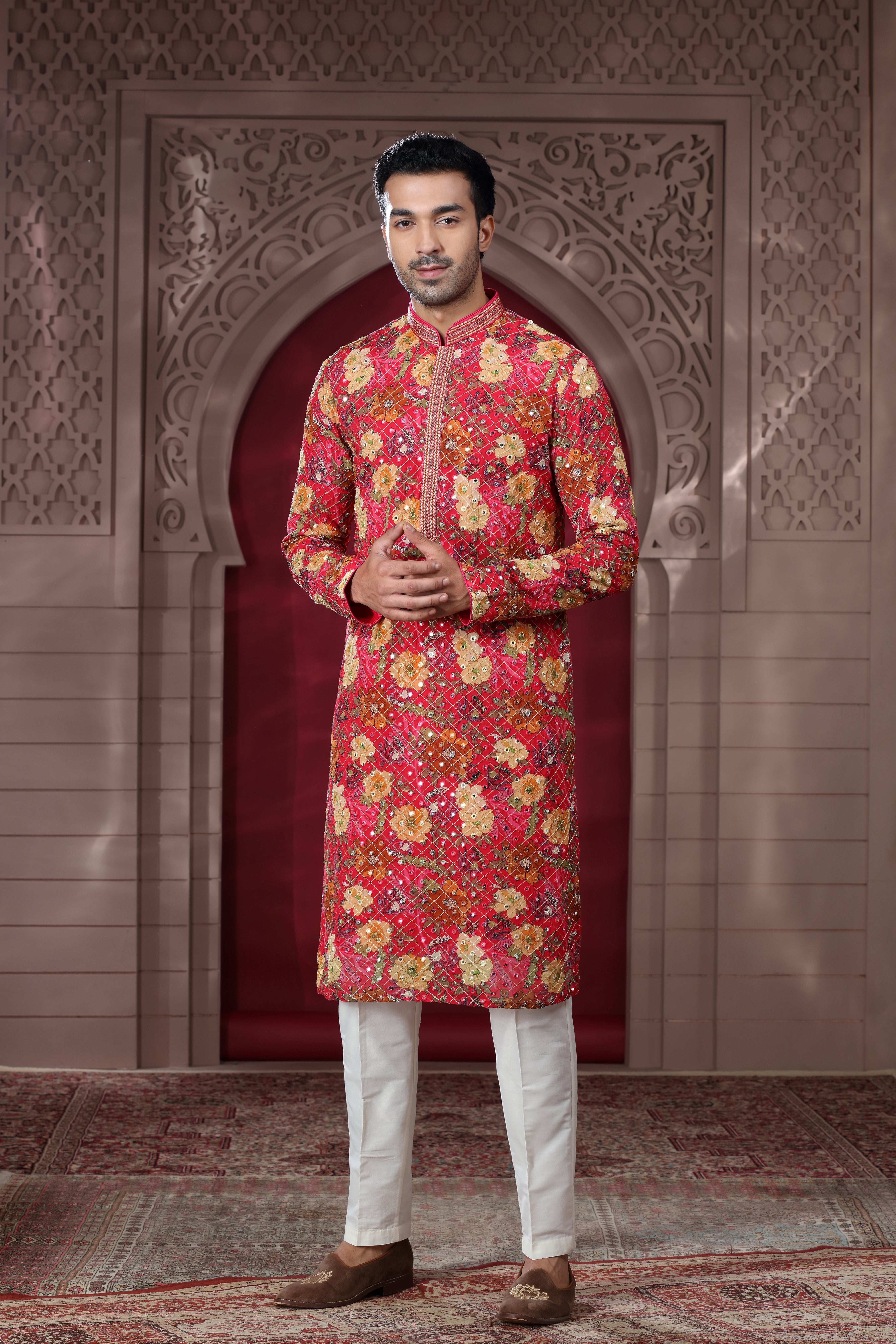 Red Printed Silk Kurta with Mirror Thread Work