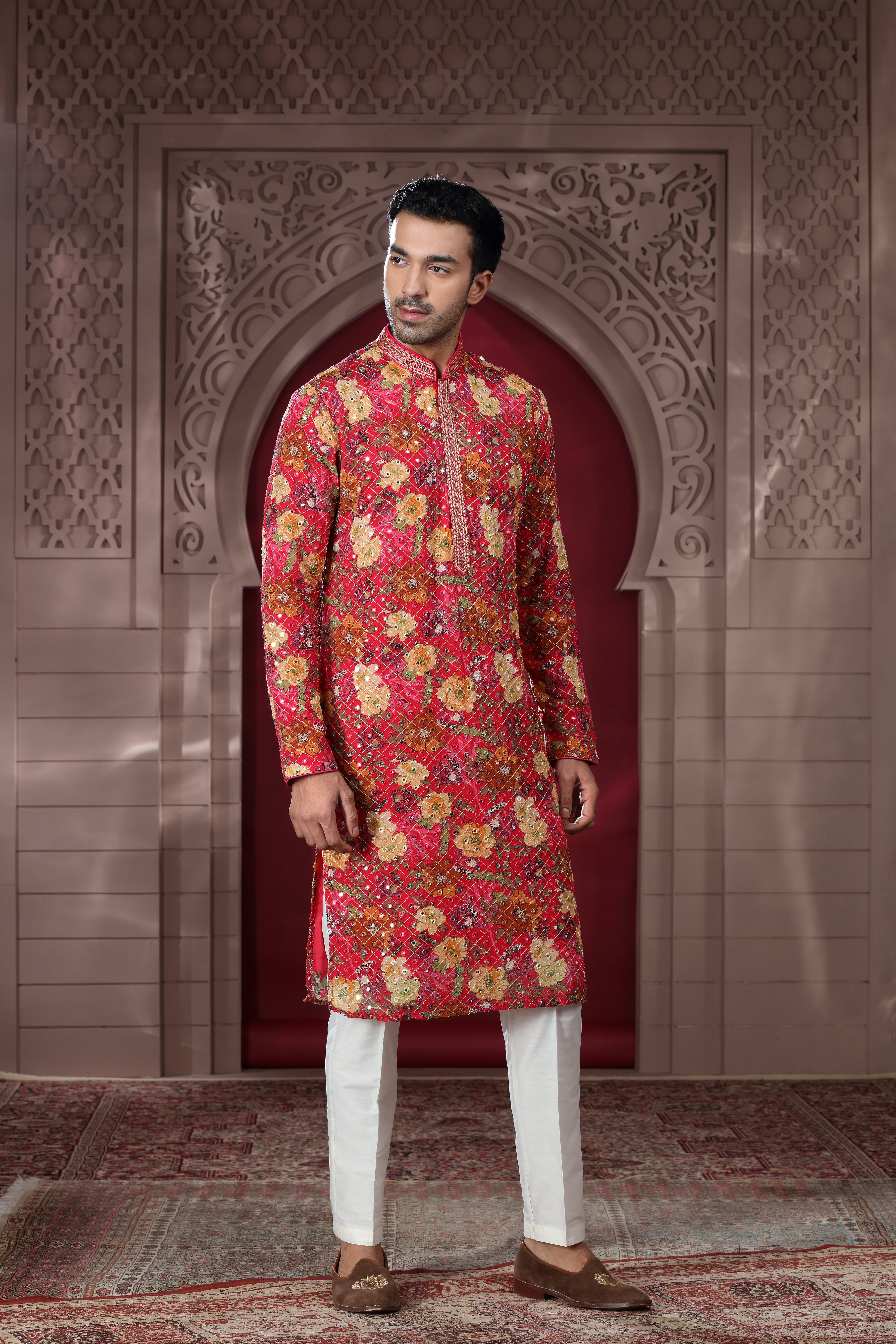 Red Printed Silk Kurta with Mirror Thread Work