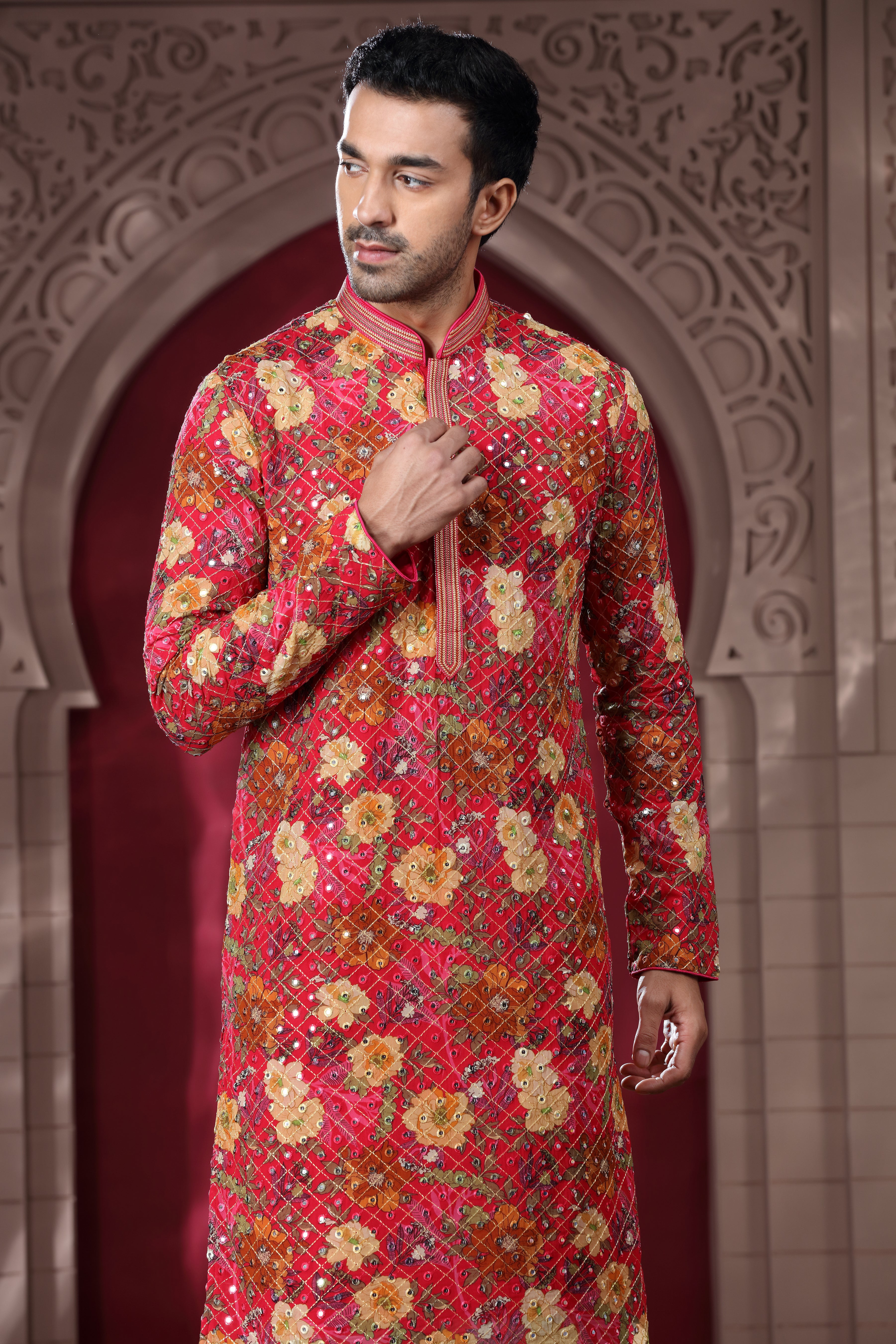 Red Printed Silk Kurta with Mirror Thread Work