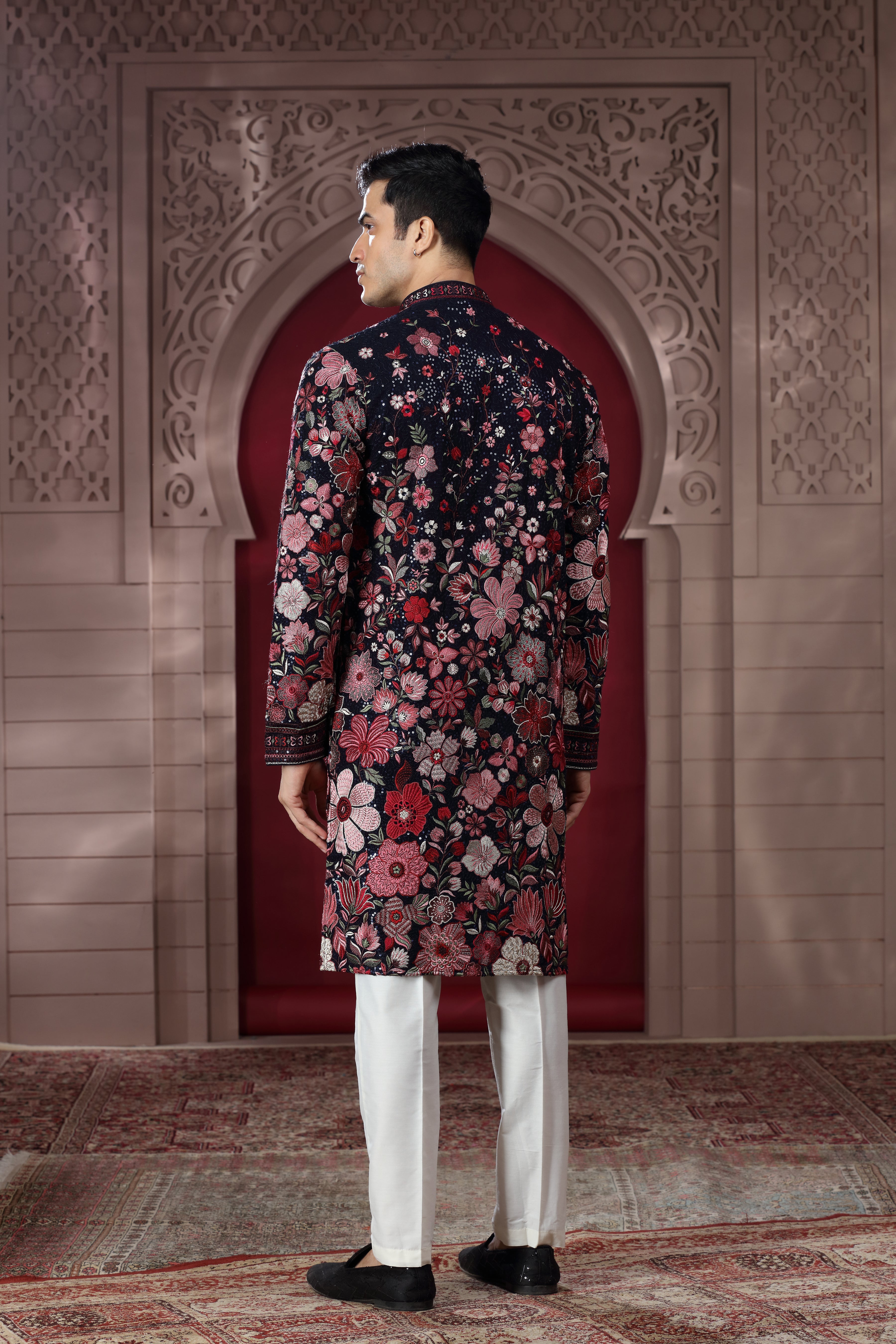 Navy Blue Silk Kurta Set with Floral Thread Embroidery Work