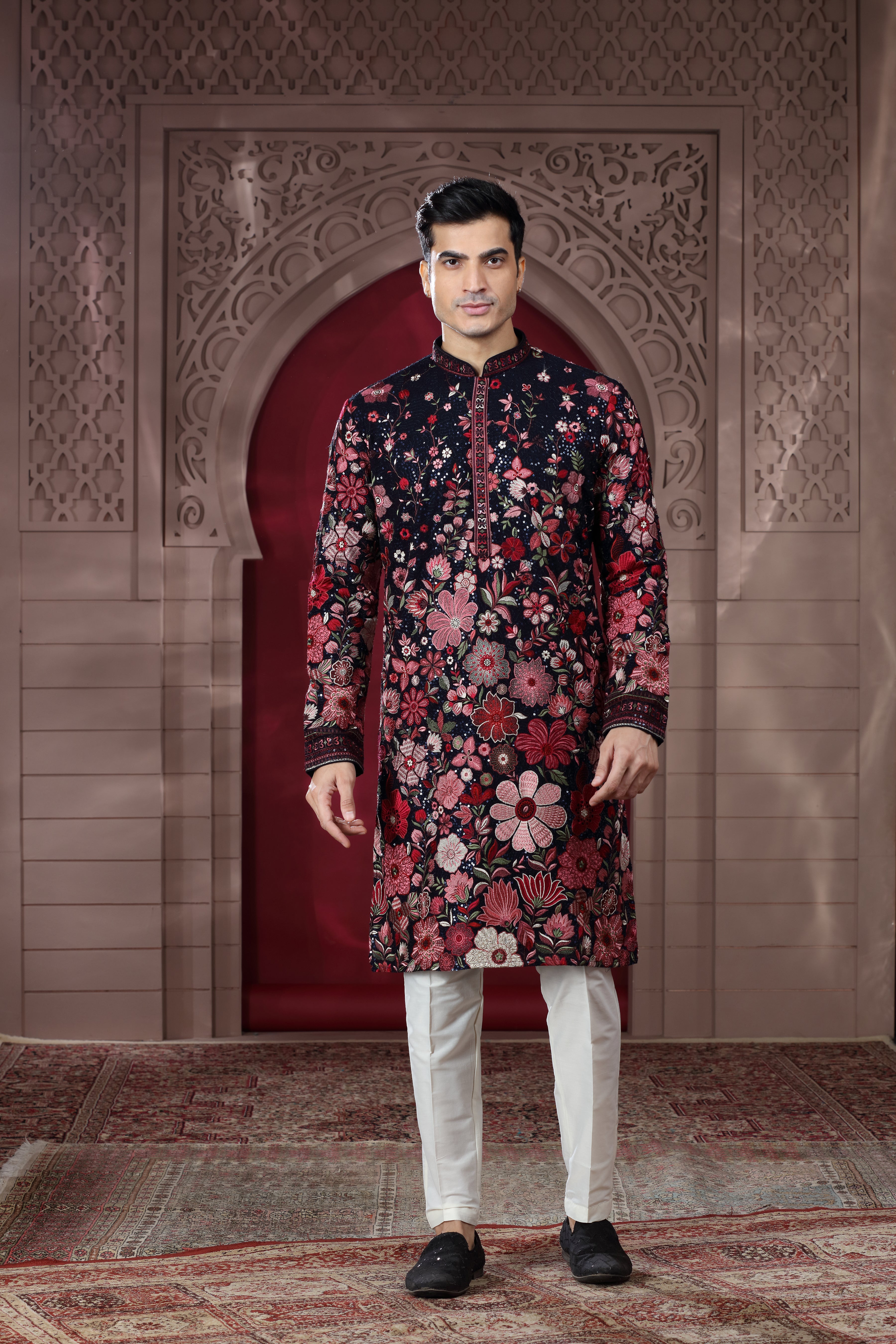 Navy Blue Silk Kurta Set with Floral Thread Embroidery Work