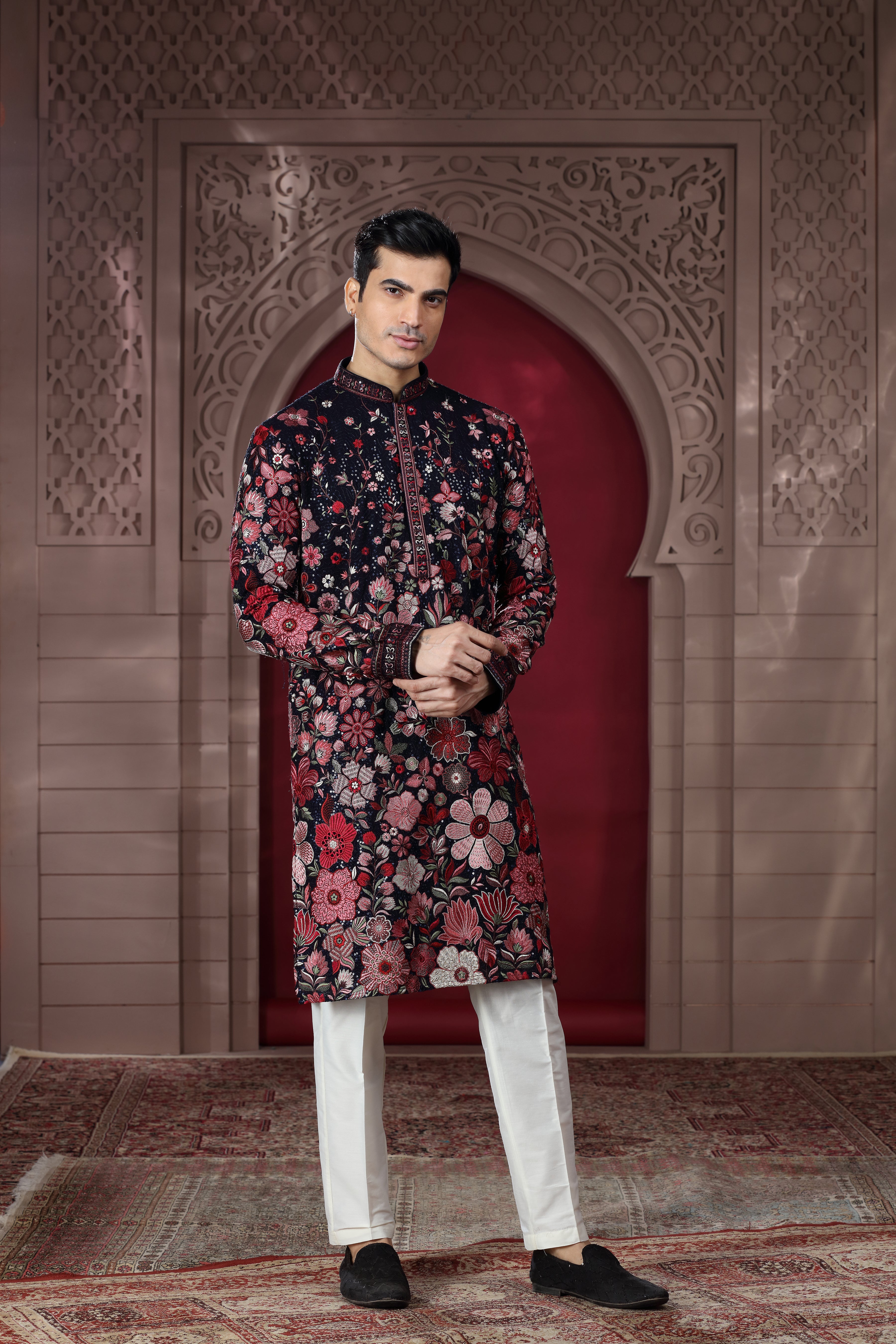 Navy Blue Silk Kurta Set with Floral Thread Embroidery Work