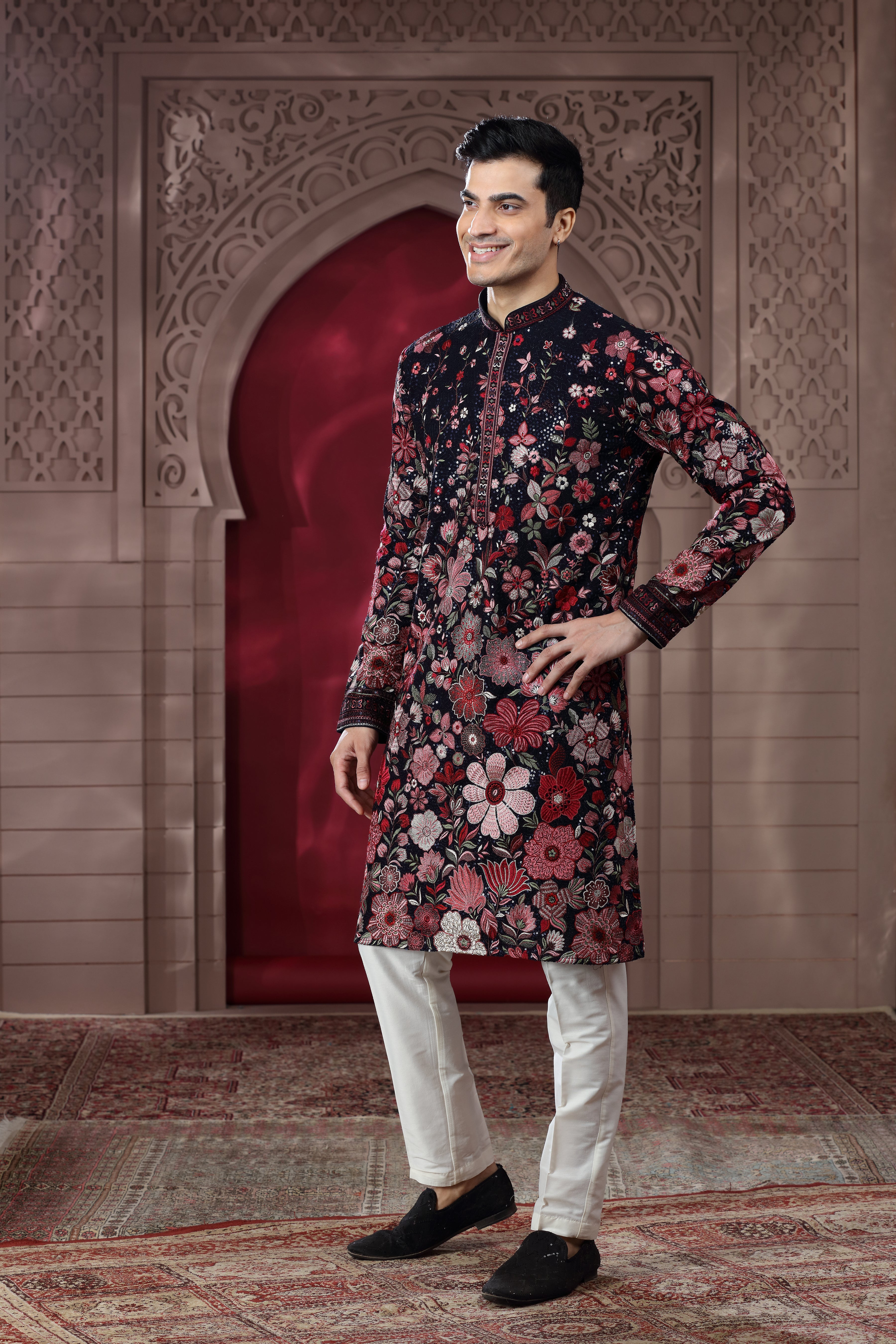 Navy Blue Silk Kurta Set with Floral Thread Embroidery Work