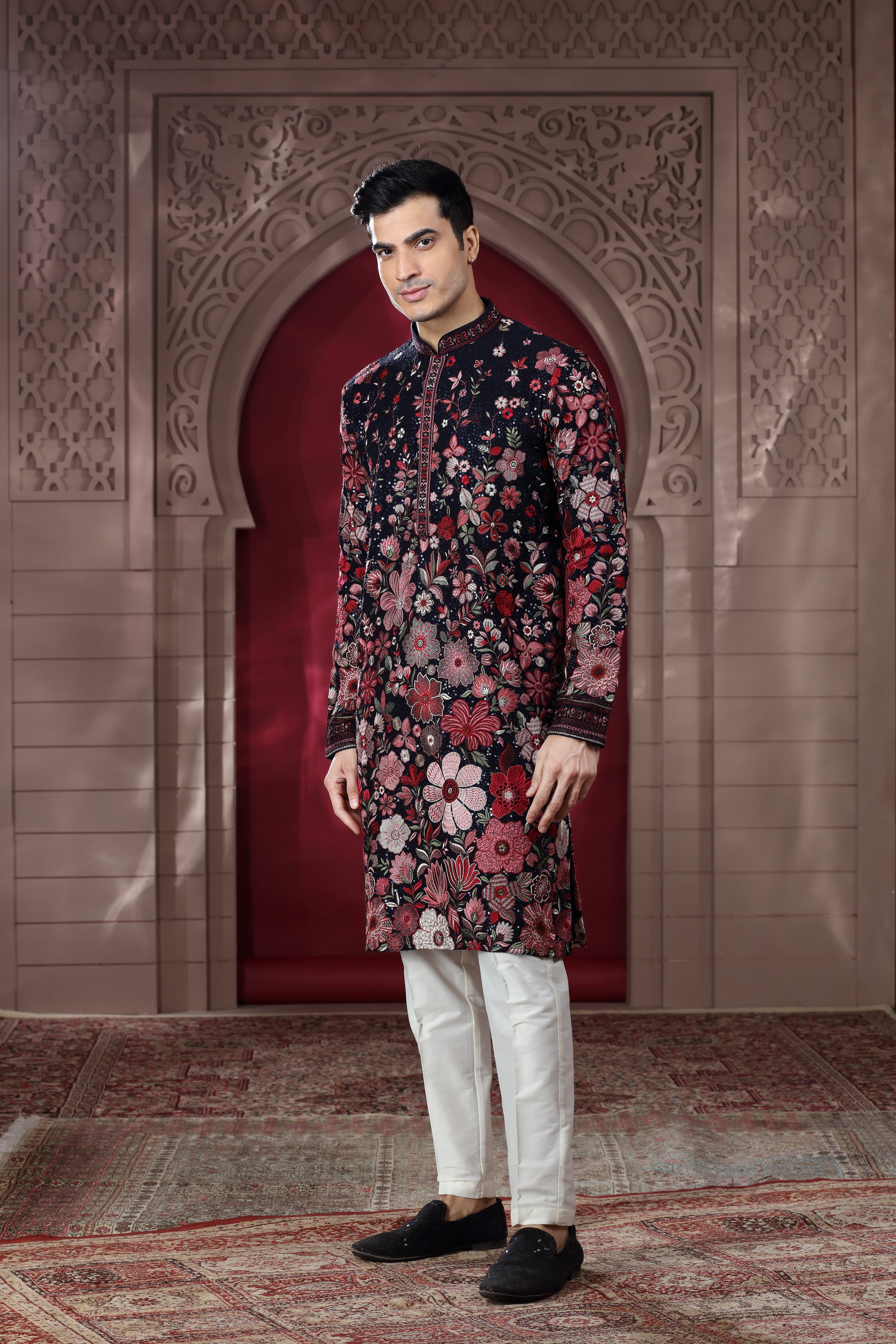 Navy Blue Silk Kurta Set with Floral Thread Embroidery Work