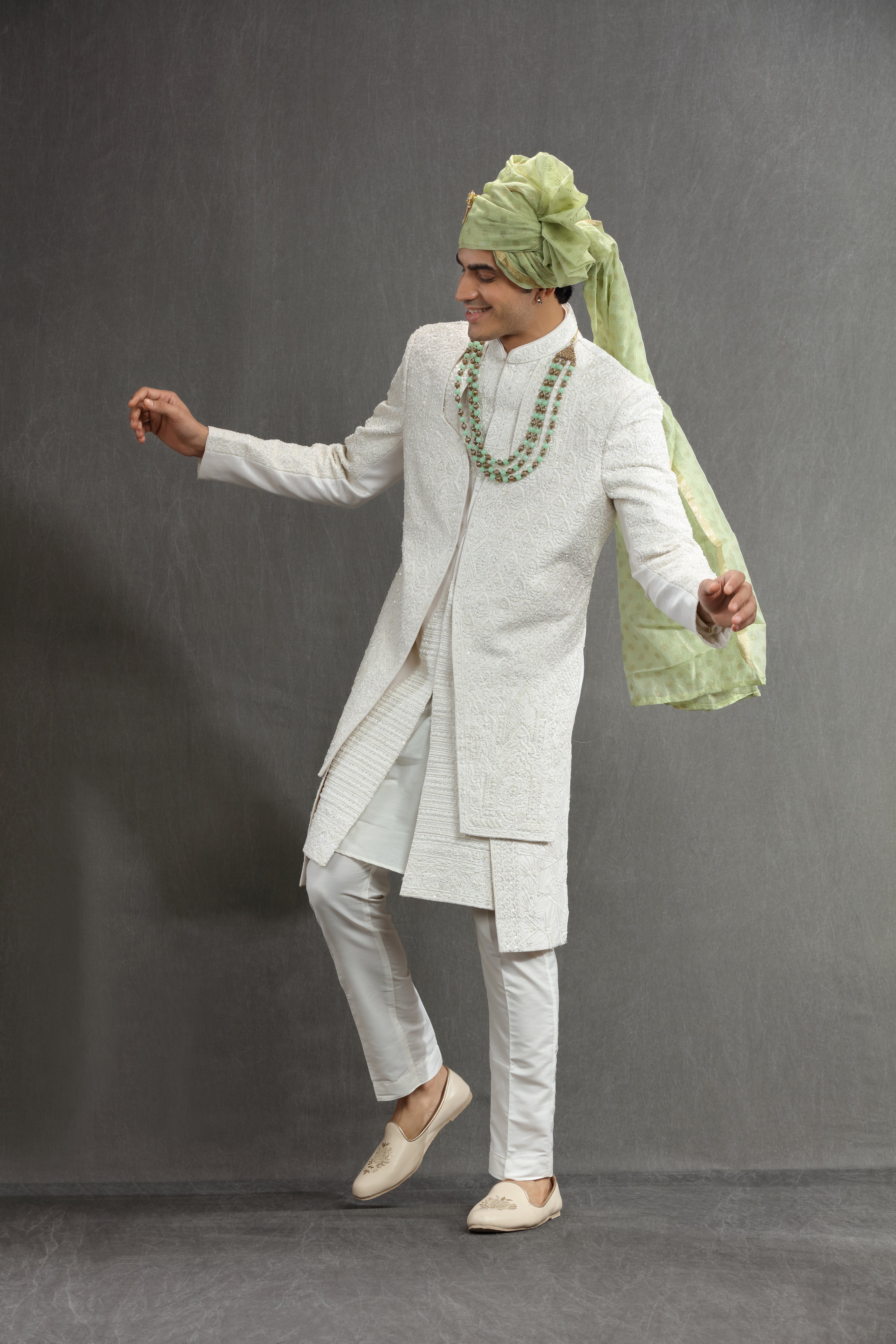 Ivory Silk emboidered double layred indowestern set - Shreeman