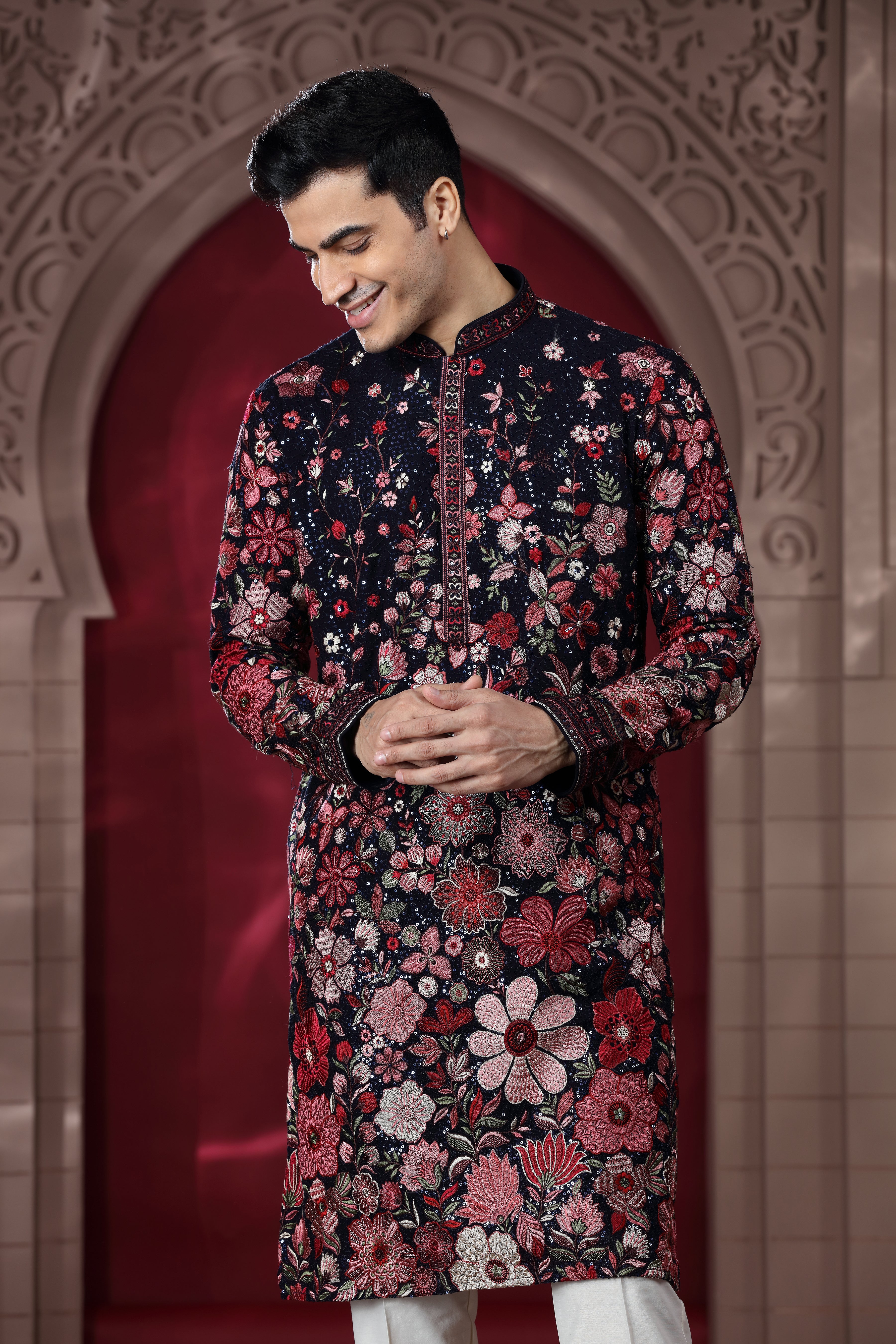 Navy Blue Silk Kurta Set with Floral Thread Embroidery Work