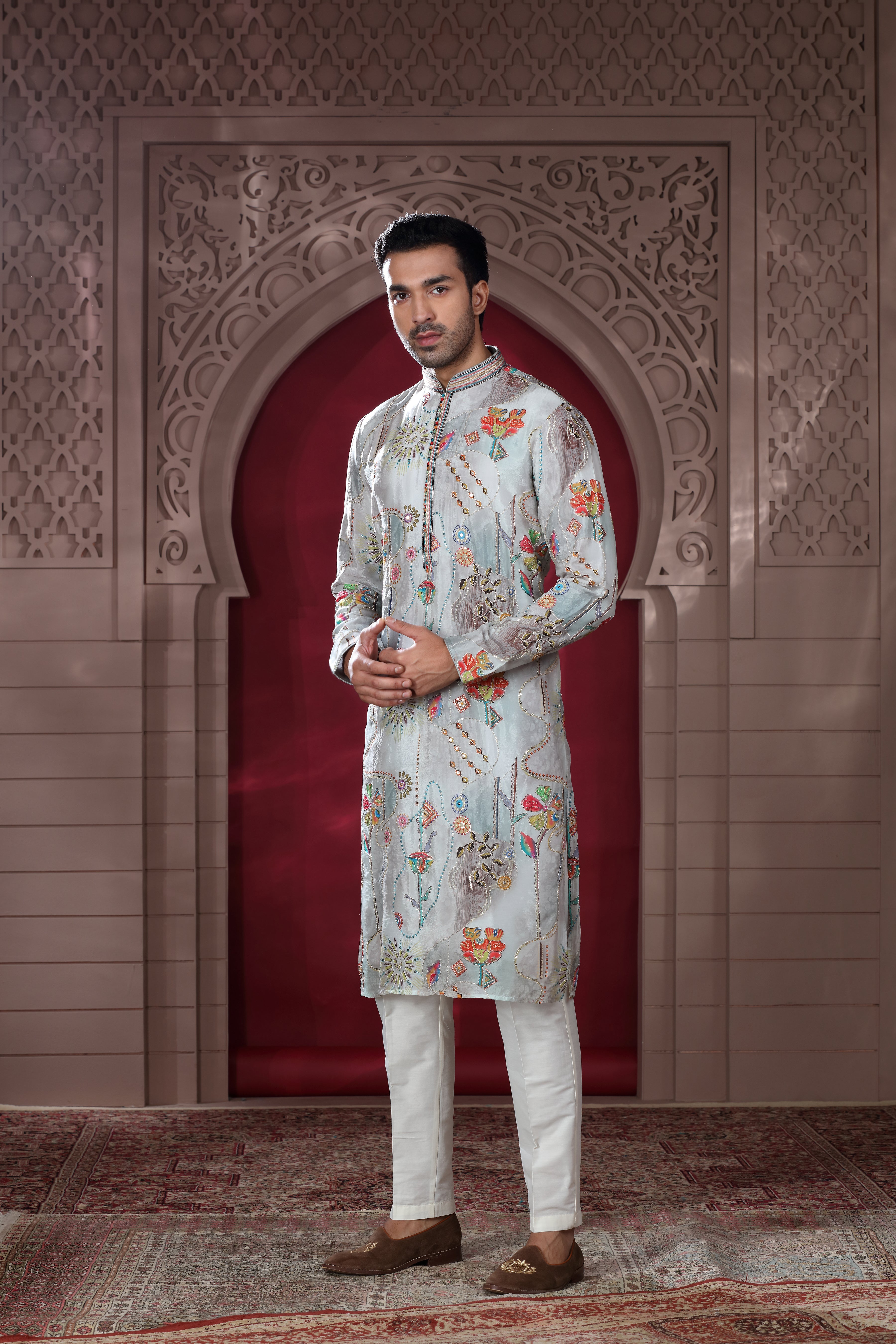 Grey Silk Kurta Set with Silver Thread Aari & Sequence Work