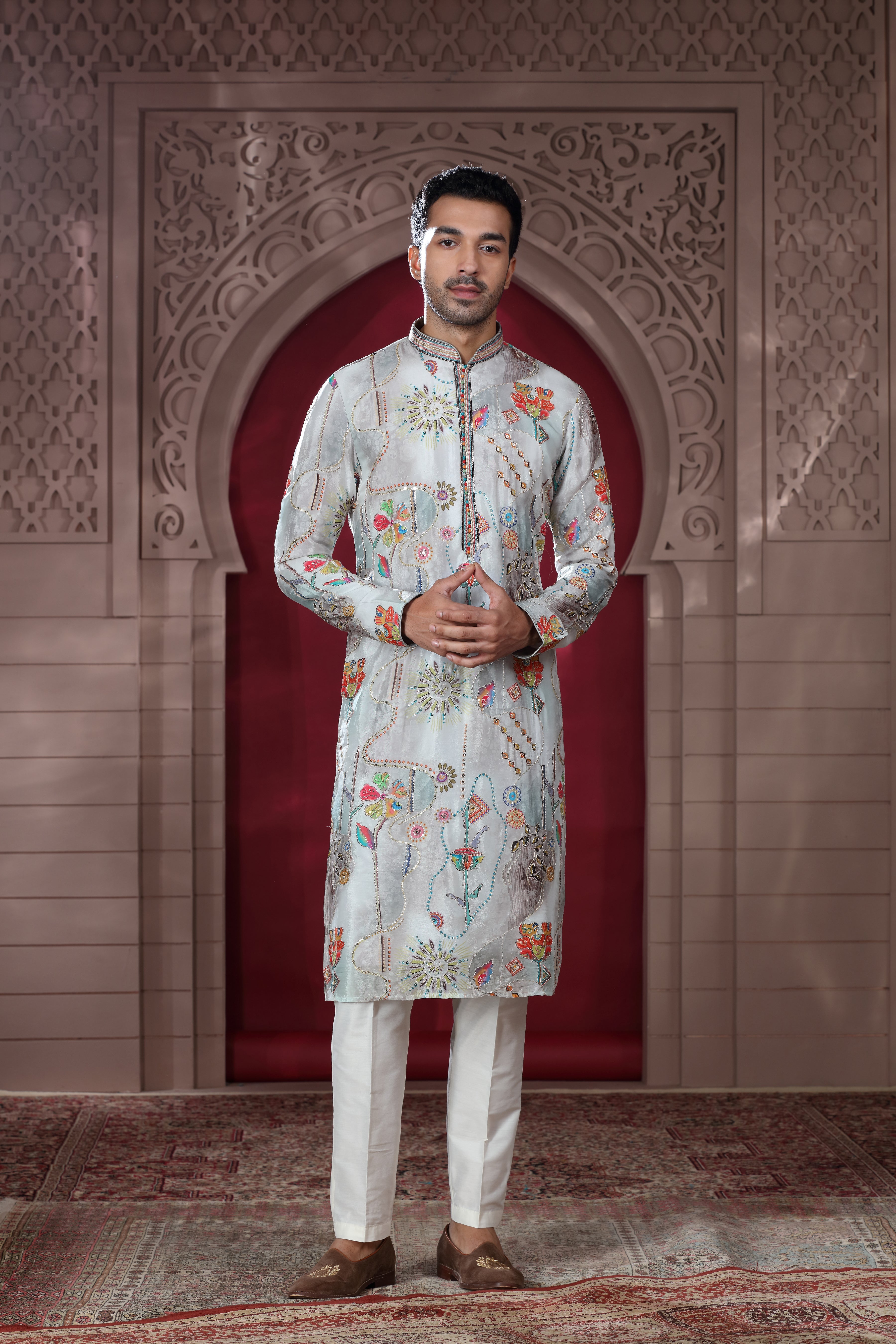 Grey Silk Kurta Set with Silver Thread Aari & Sequence Work