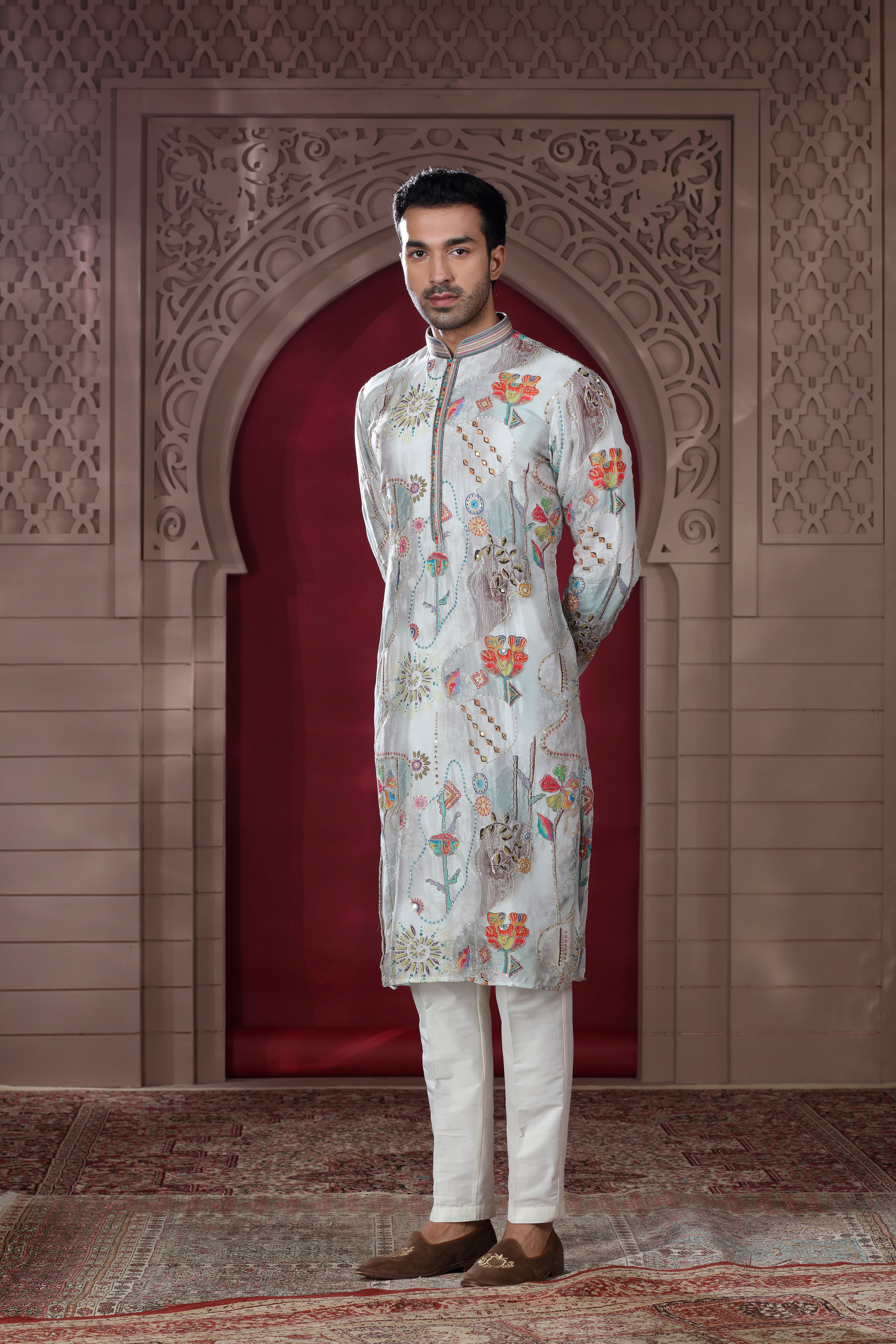 Grey Silk Kurta Set with Silver Thread Aari & Sequence Work