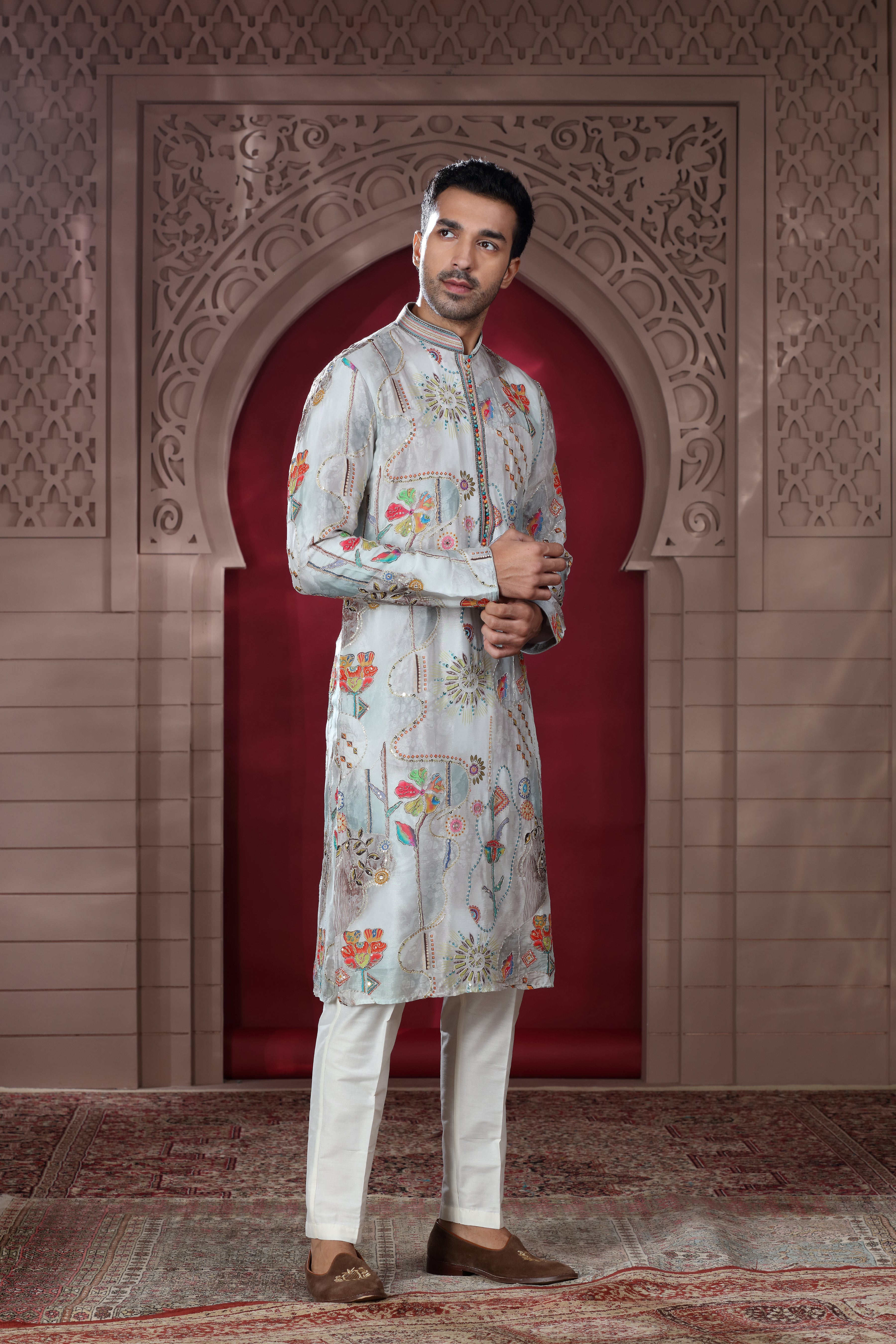 Grey Silk Kurta Set with Silver Thread Aari & Sequence Work