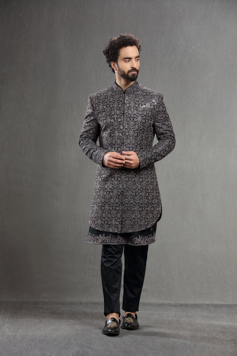 Black ndowestern set embroidered in resham and sequins work