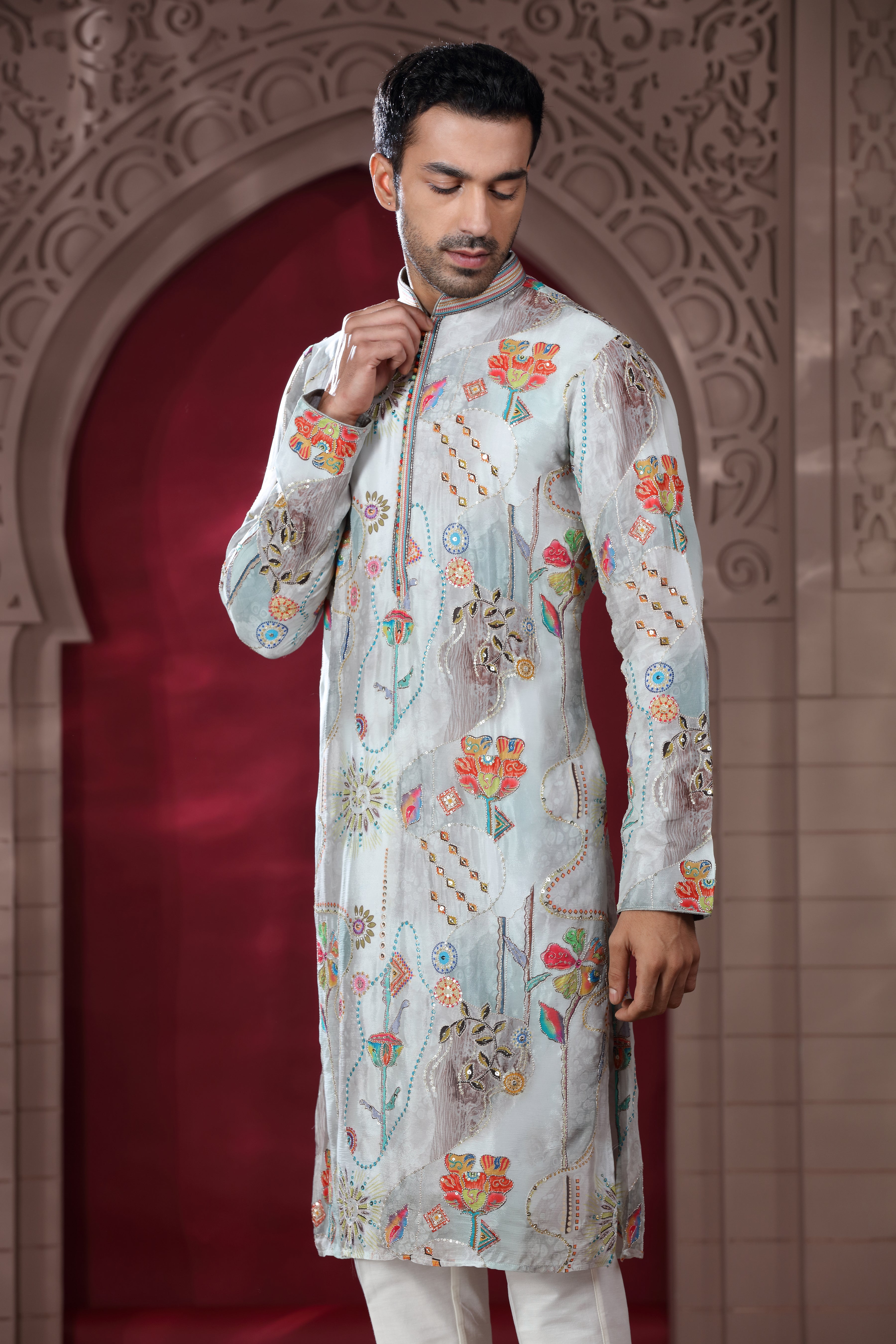 Grey Silk Kurta Set with Silver Thread Aari & Sequence Work