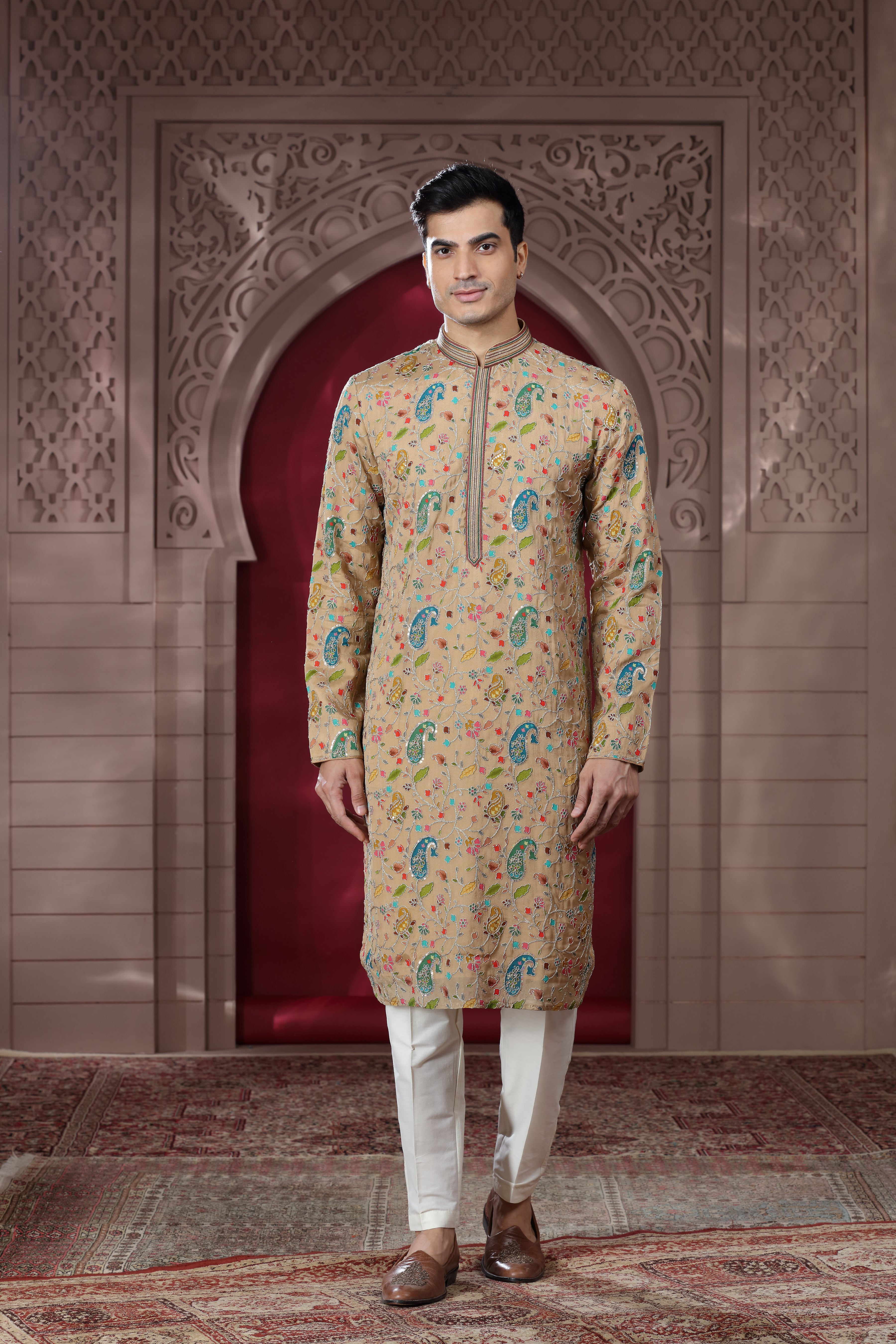 Beige Silk Kurta Set with Silver Thread Aari Work, Sequence Work